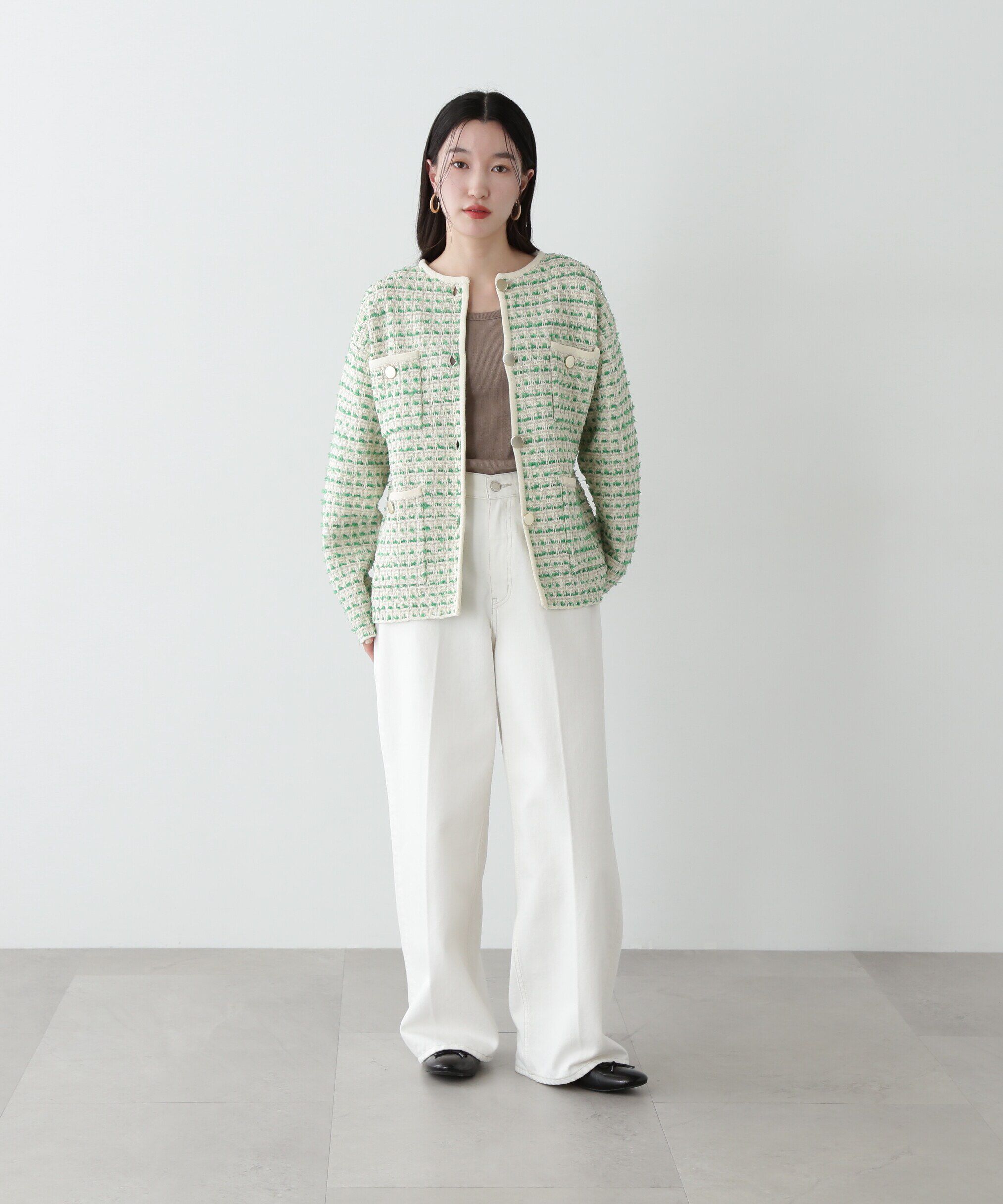  「ツイードライクロングニットブルゾン」|ニット・セーター|