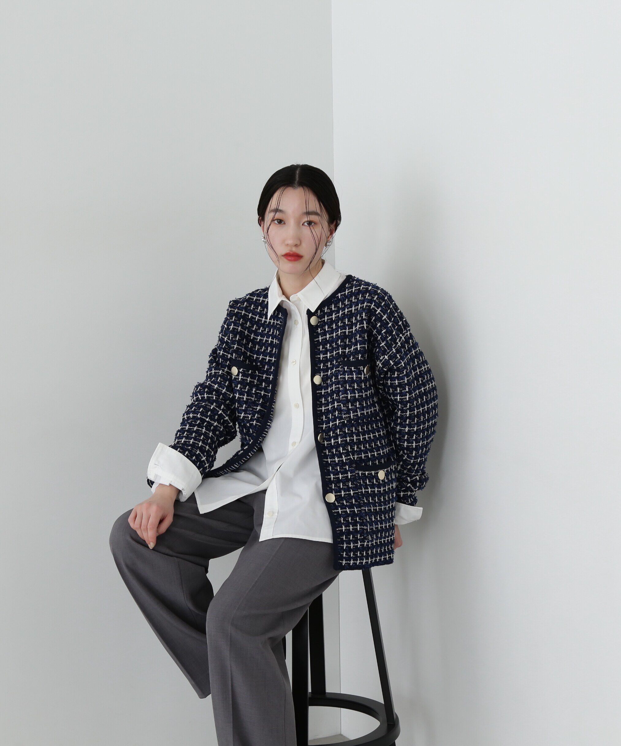  「ツイードライクロングニットブルゾン」|ニット・セーター|ネイビー