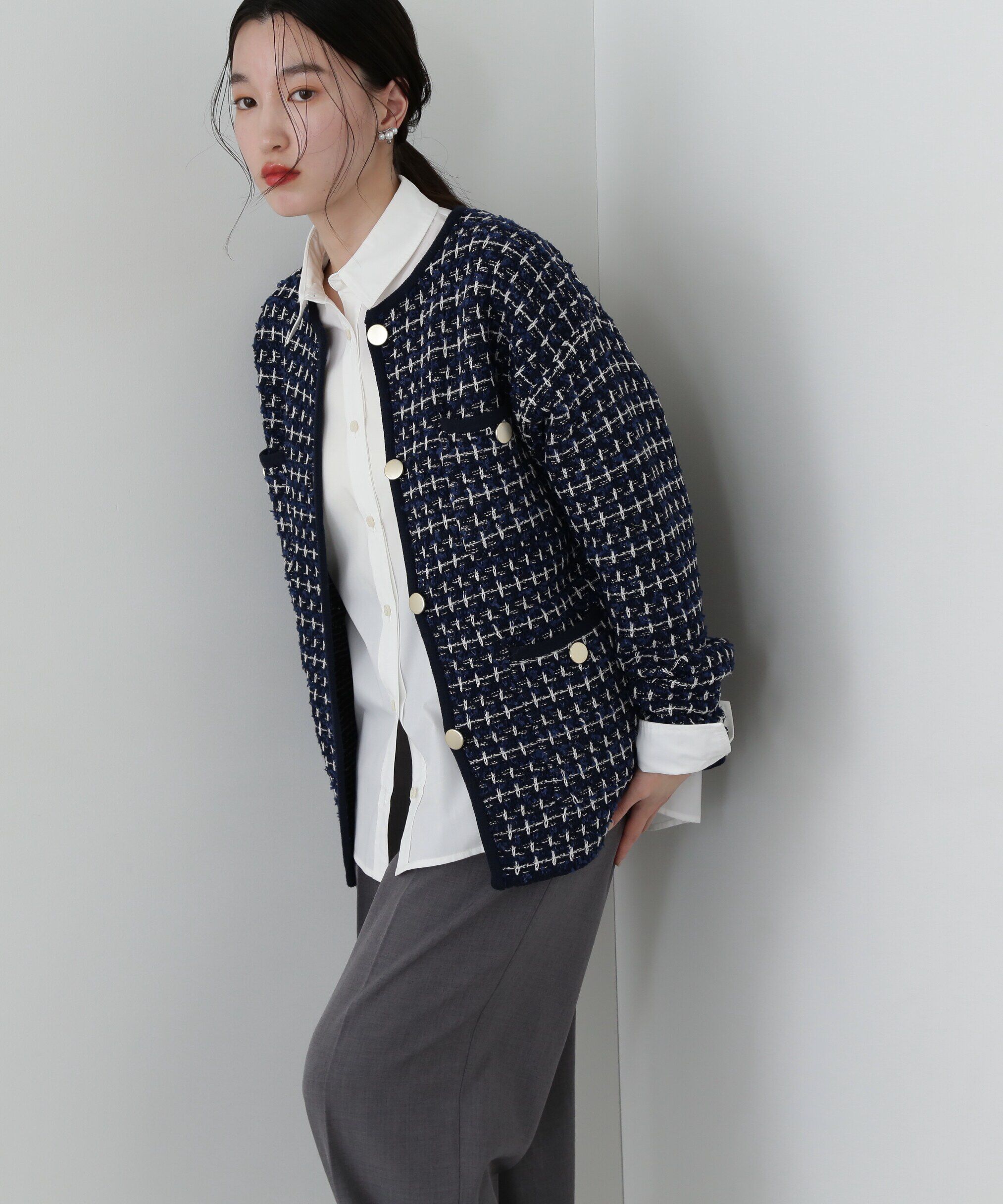  「ツイードライクロングニットブルゾン」|ニット・セーター|