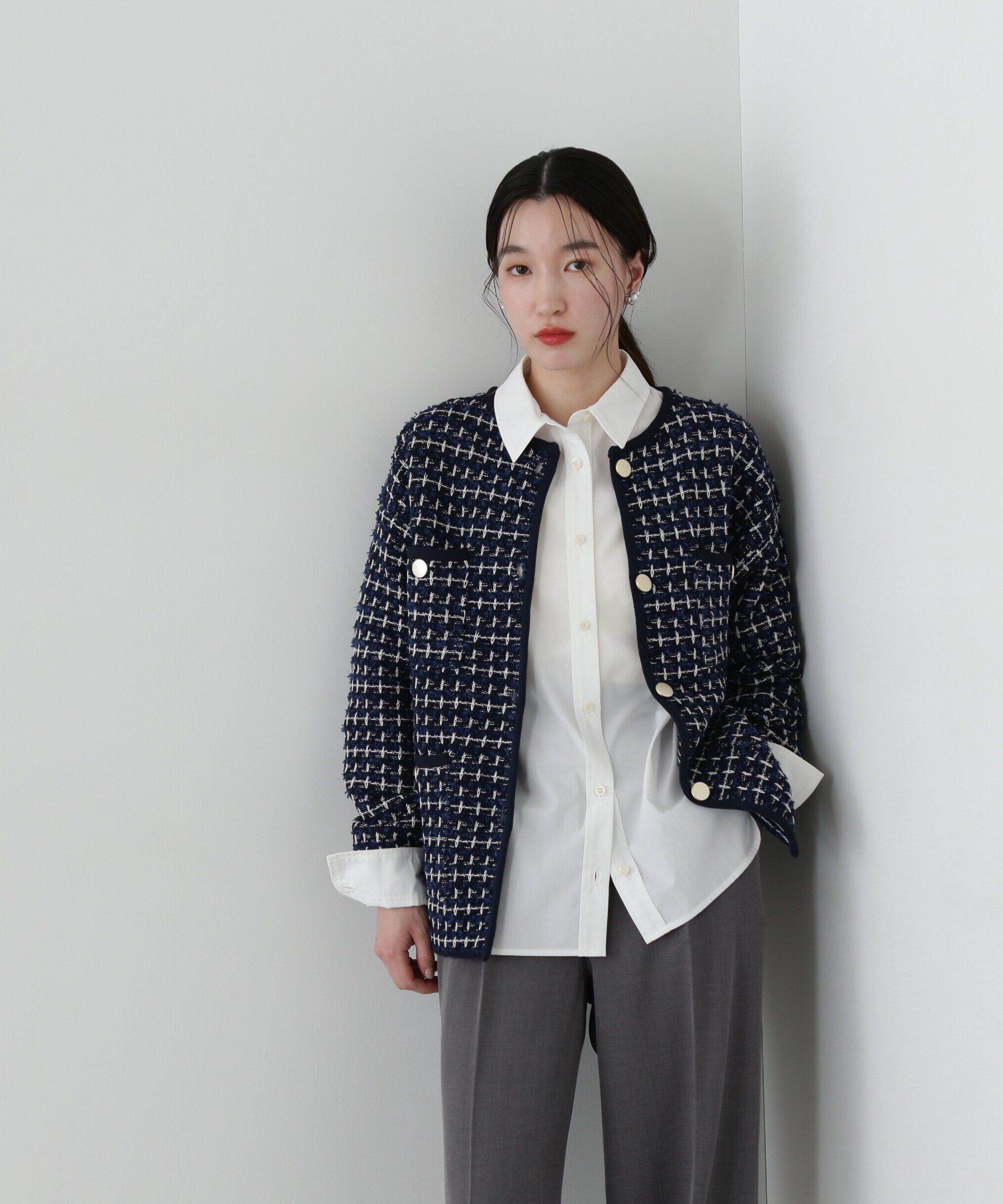  「ツイードライクロングニットブルゾン」|ニット・セーター|