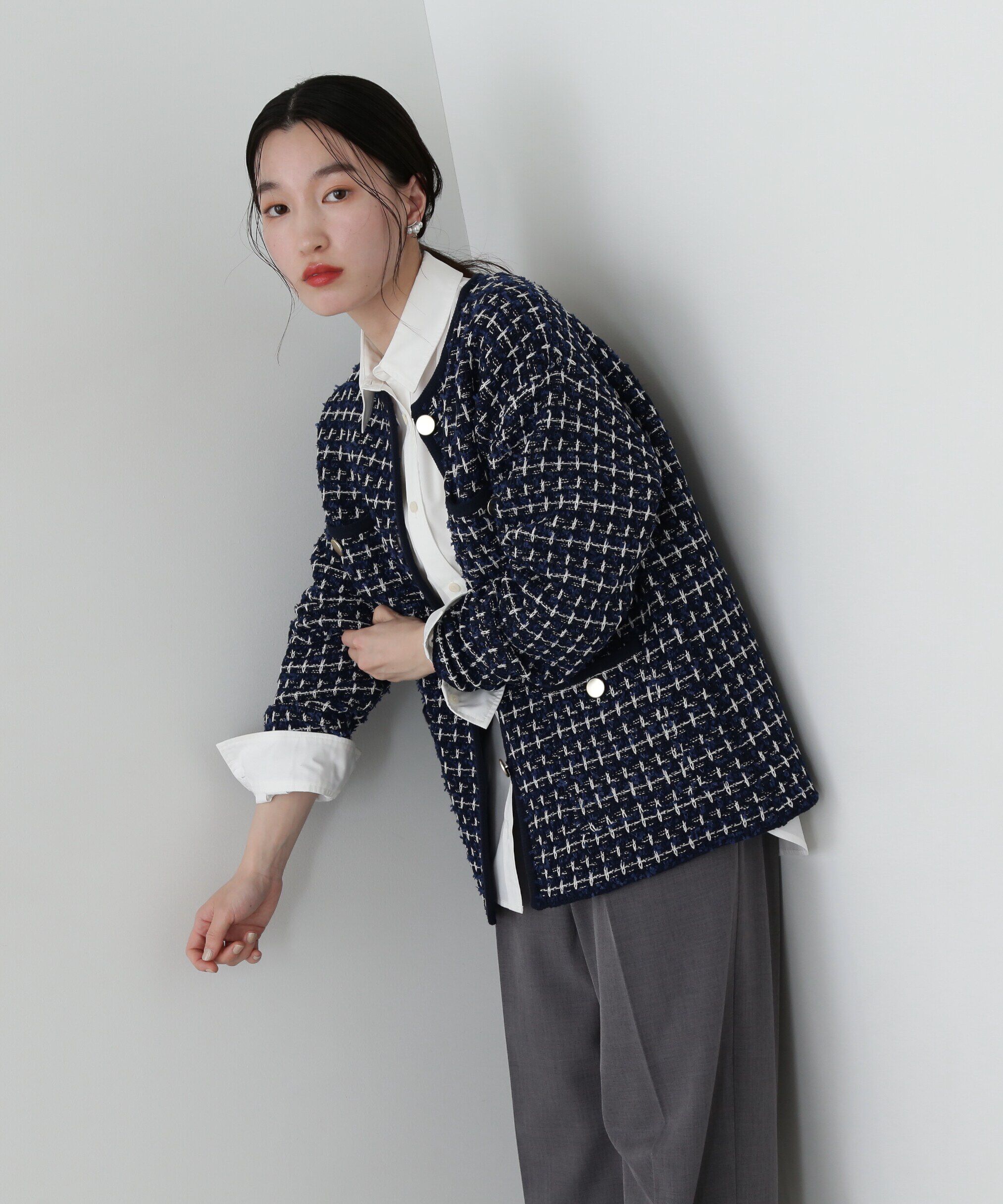  「ツイードライクロングニットブルゾン」|ニット・セーター|