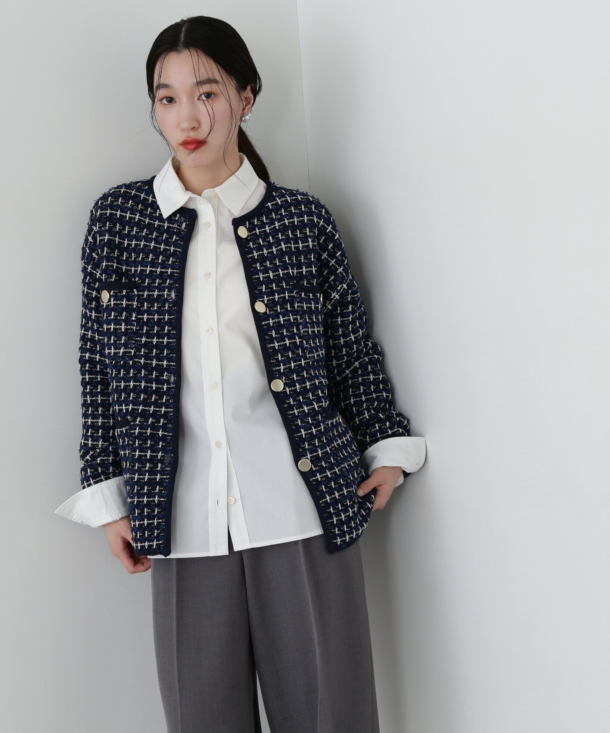  「ツイードライクロングニットブルゾン」|ニット・セーター|