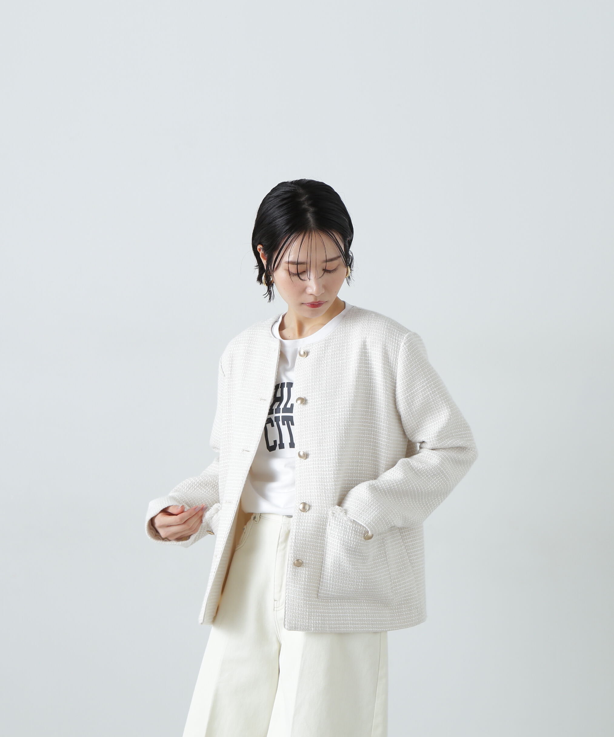  「パイピングノーカラーツイードブルゾン」|ブルゾン・スタジャン|