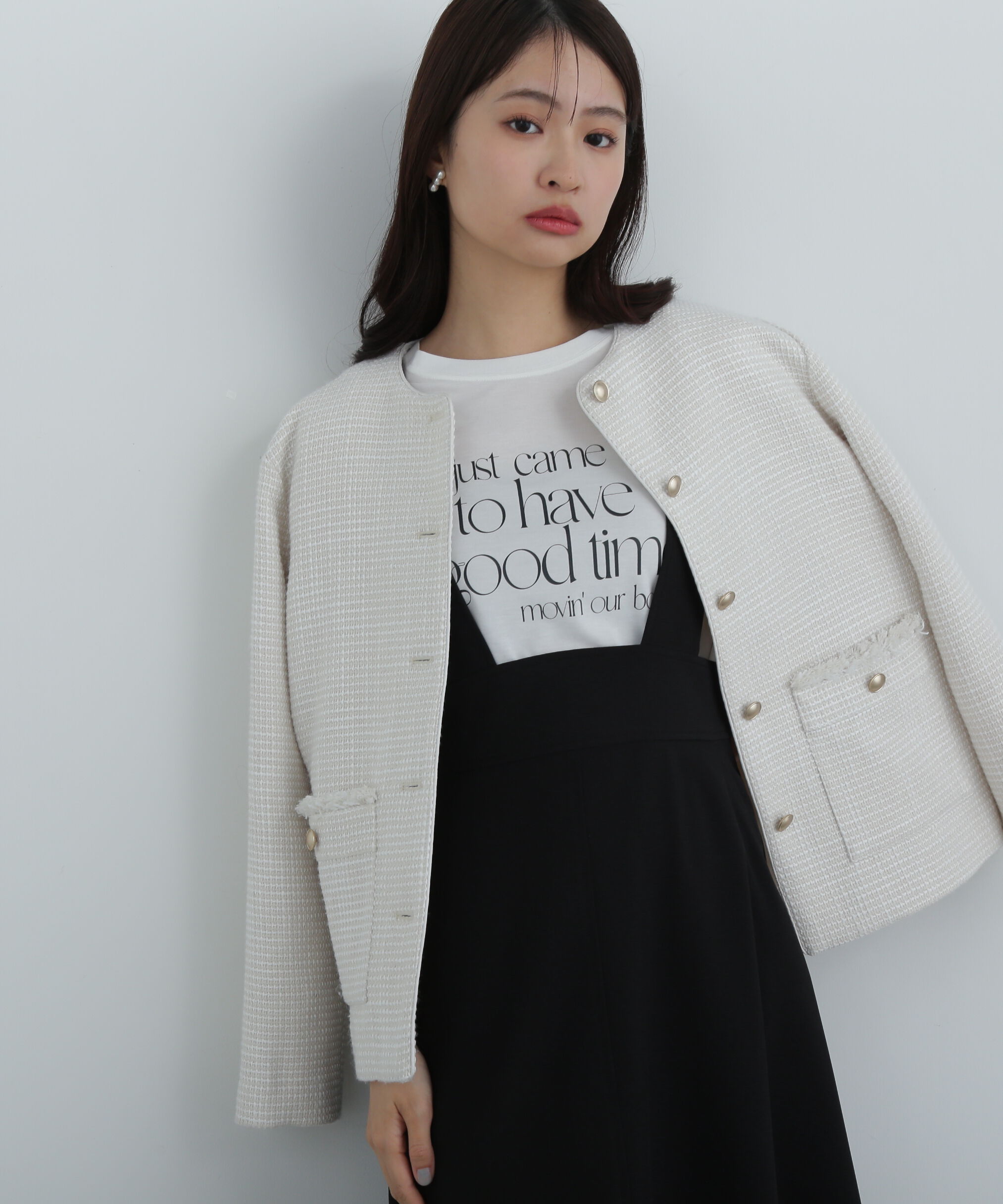  「パイピングノーカラーツイードブルゾン」|ブルゾン・スタジャン|