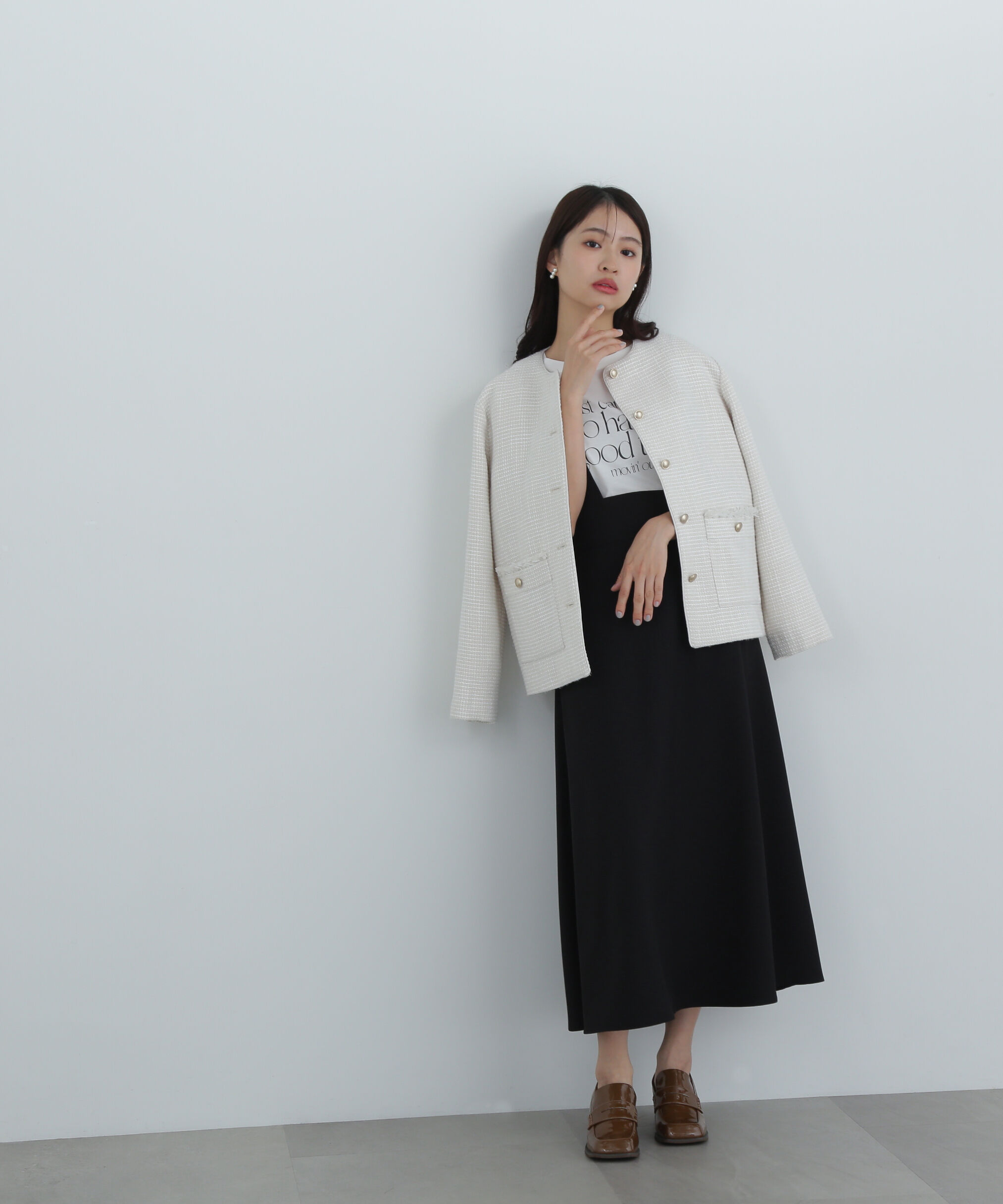  「パイピングノーカラーツイードブルゾン」|ブルゾン・スタジャン|