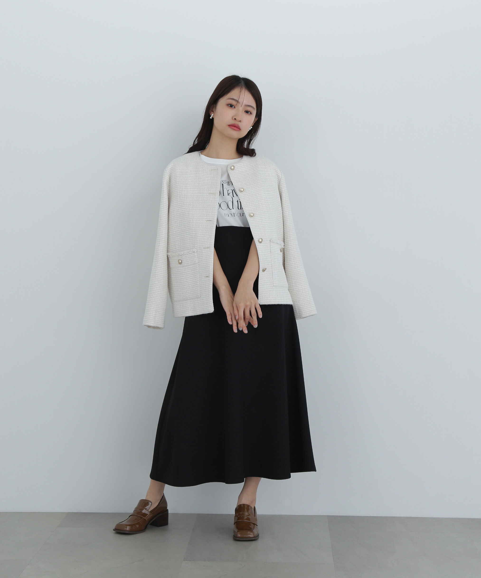  「パイピングノーカラーツイードブルゾン」|ブルゾン・スタジャン|