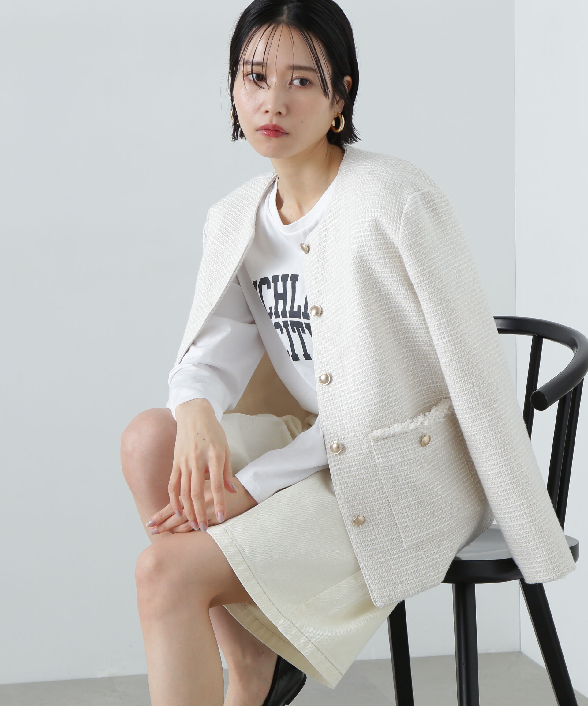  「パイピングノーカラーツイードブルゾン」|ブルゾン・スタジャン|