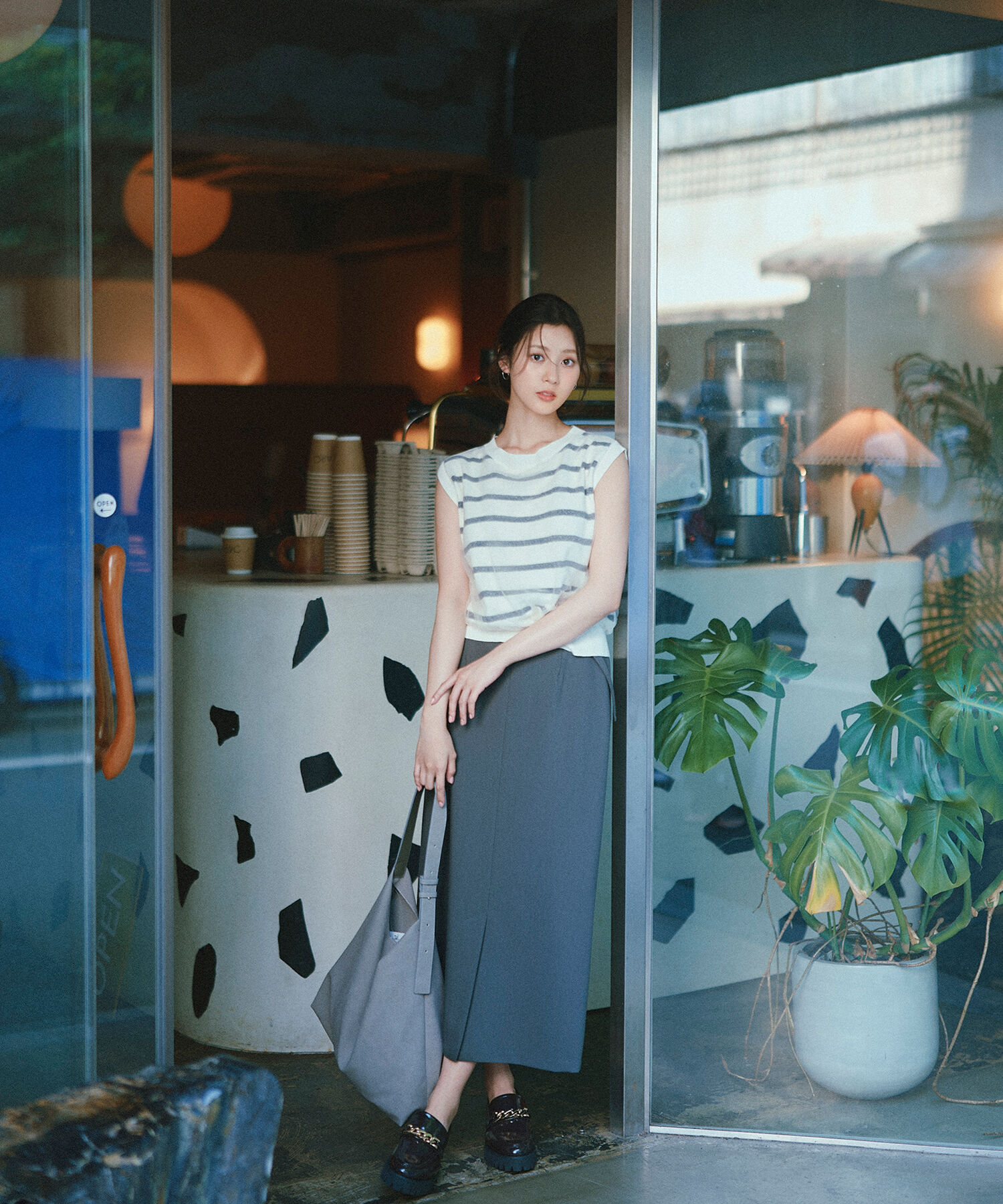  「ベルテッドリネンライクナロースカート」|スカート|チャコール1