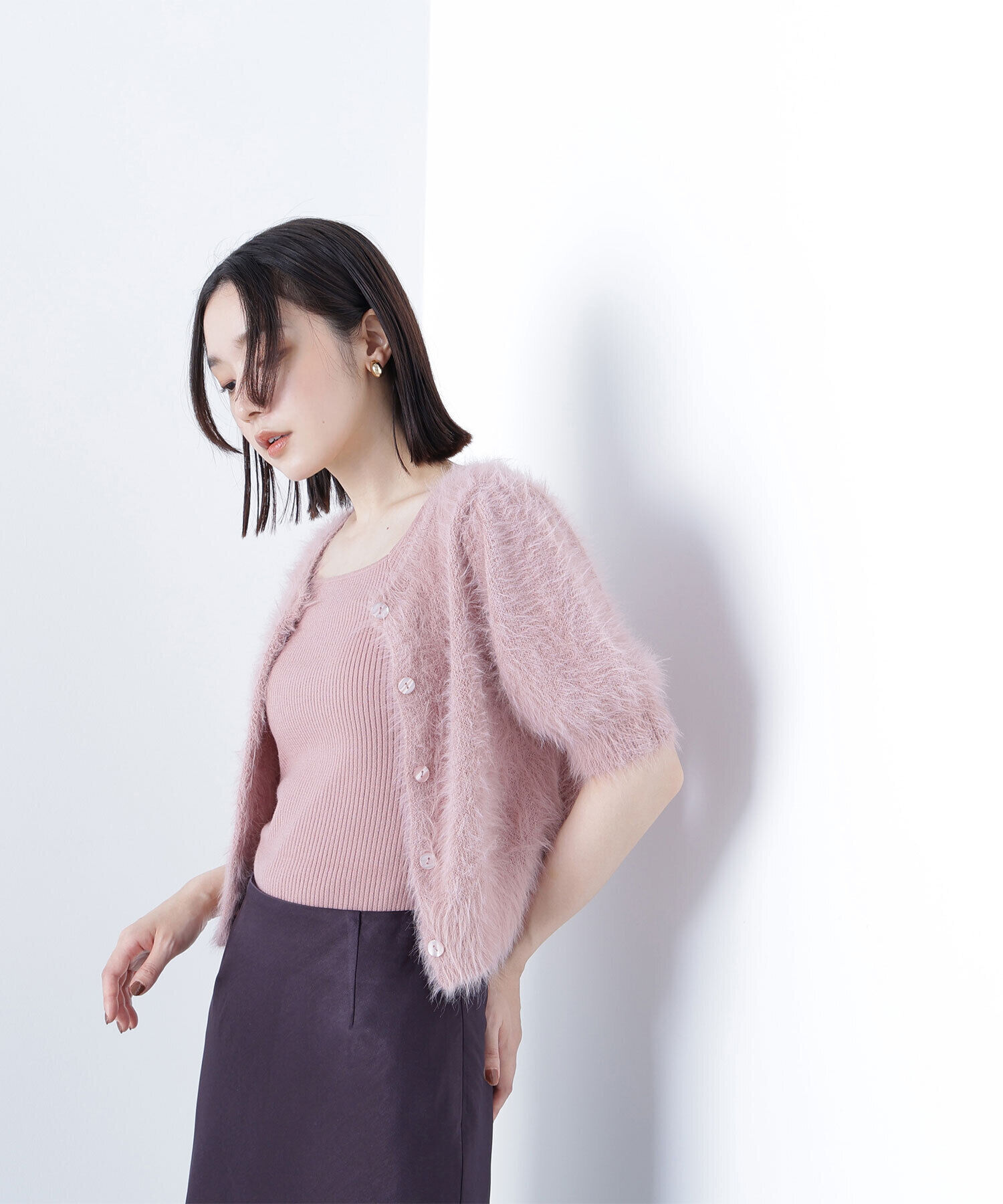  「ハーフスリーブシャギーアンサンブル」|ニット・セーター|ピンク