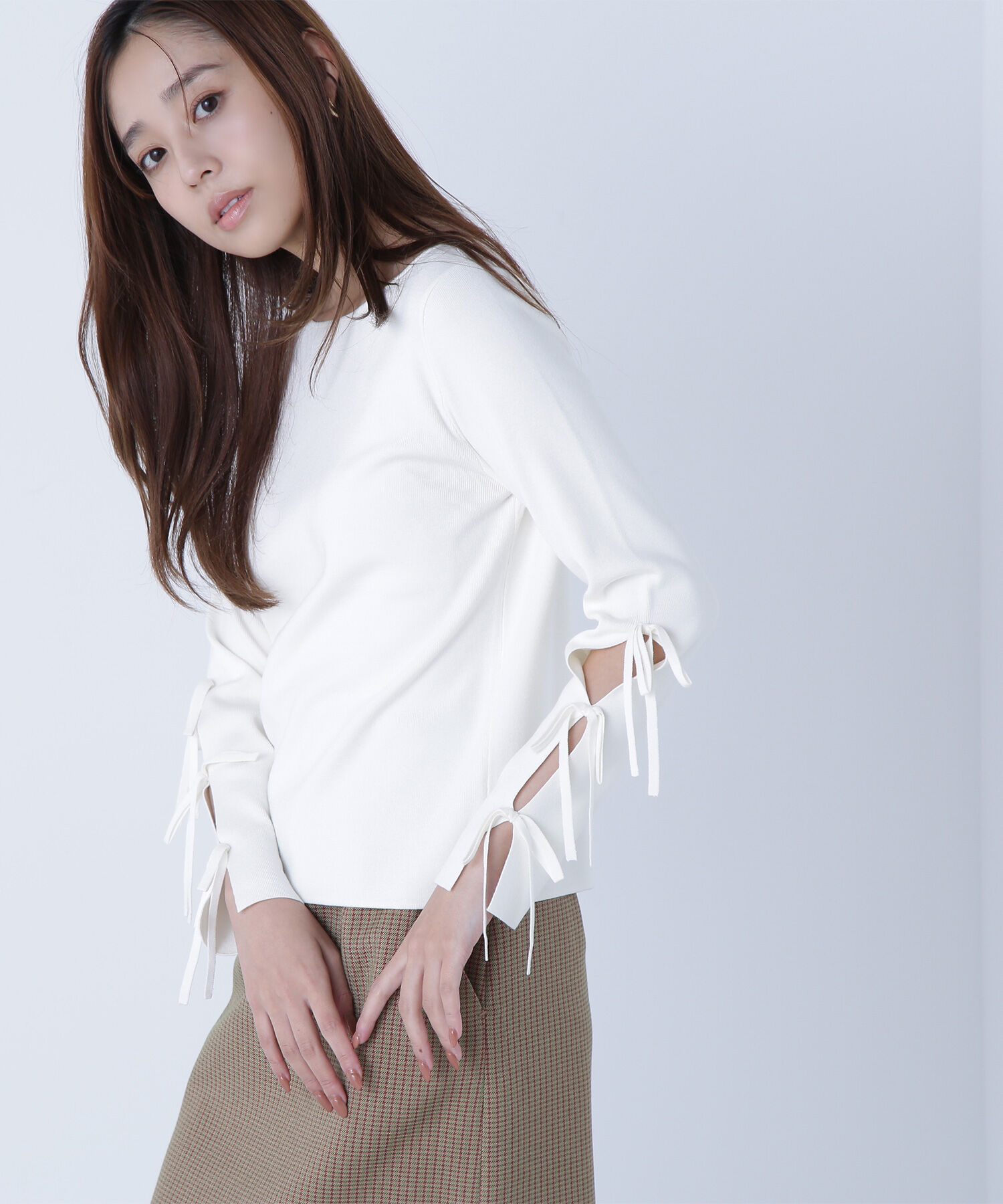  「スリットリボンスリーブニット」|ニット・セーター|オフホワイト1