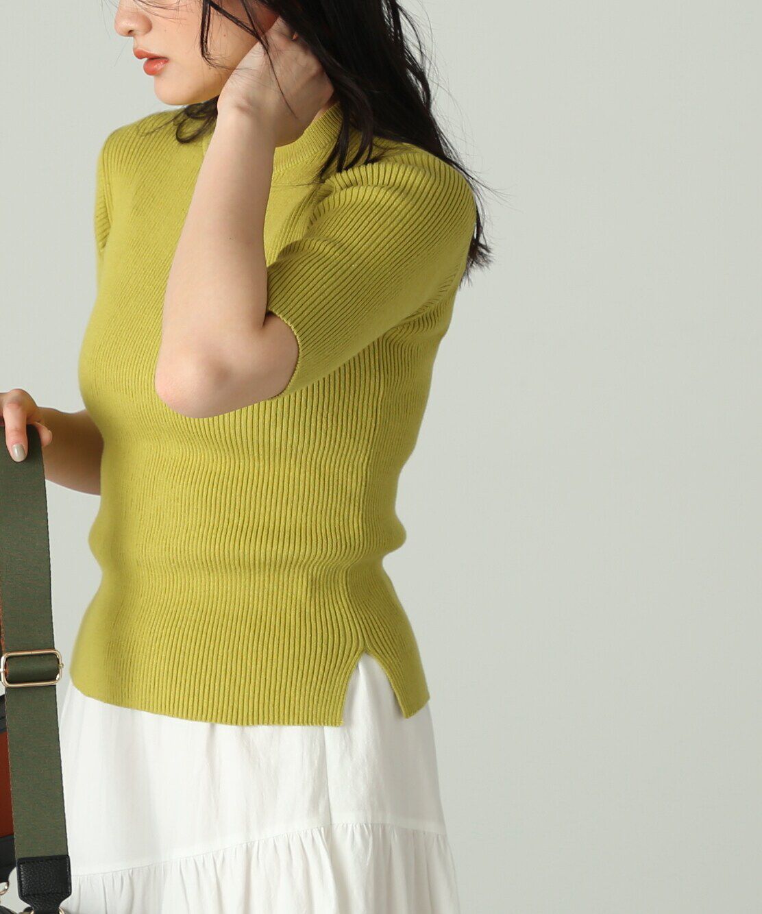  「［洗える］マシンウォッシャブルオーガニックコットン半袖ニット」|ニット・セーター|ライムグリー