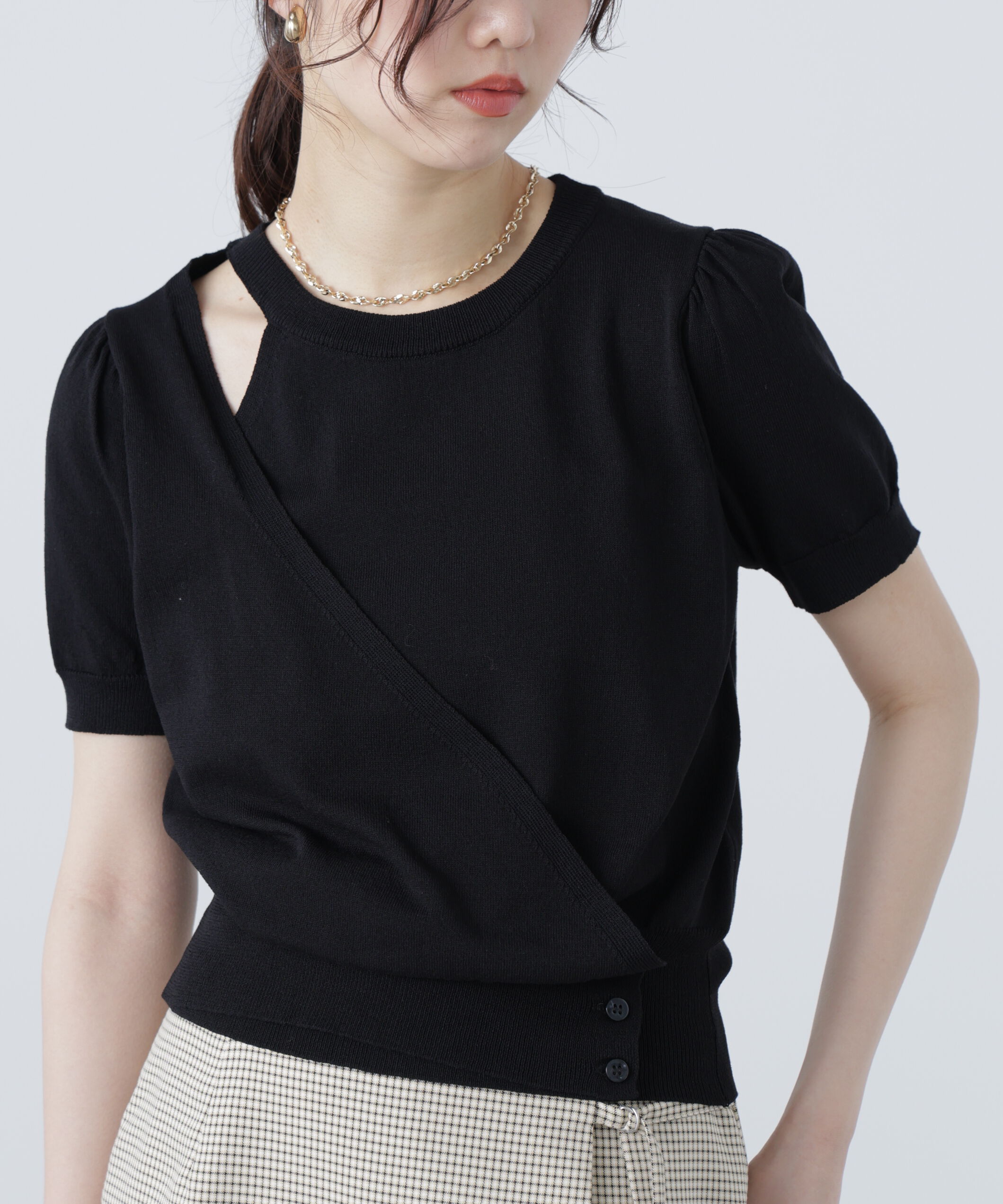  「キャミレイヤードカシュクール半袖ニット」|ニット・セーター|ブラック