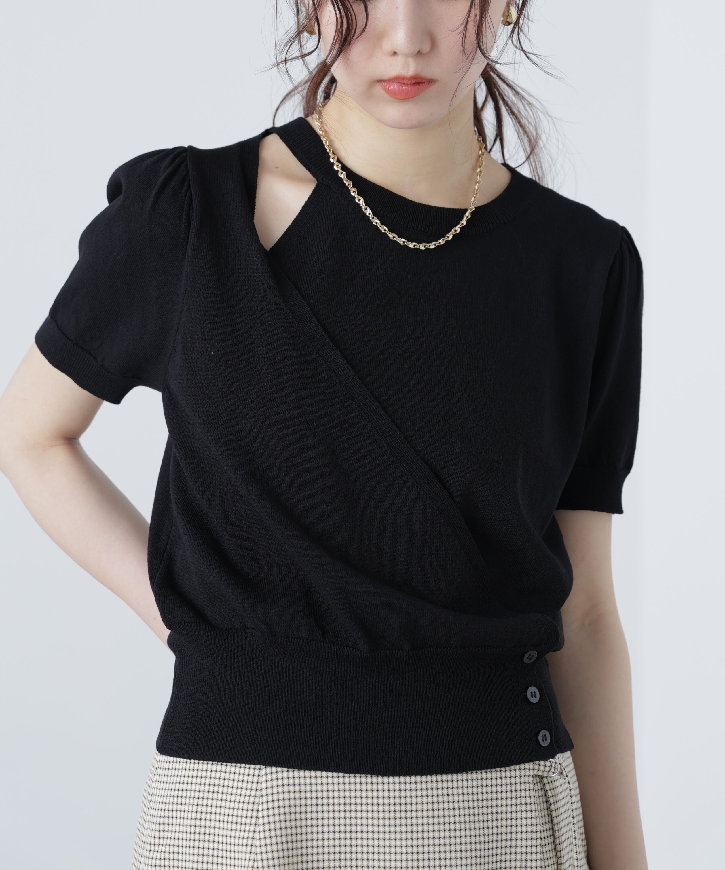  「キャミレイヤードカシュクール半袖ニット」|ニット・セーター|