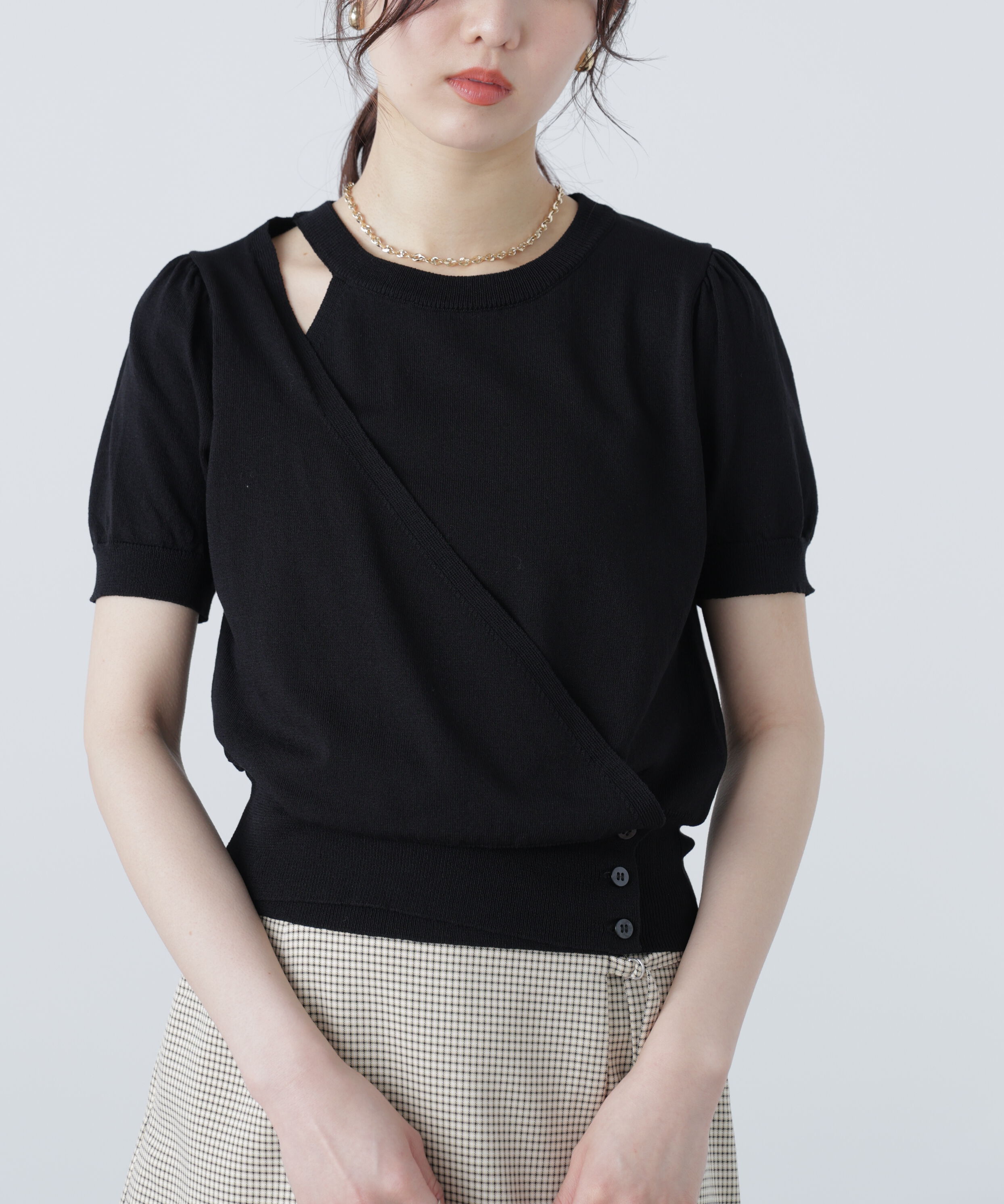  「キャミレイヤードカシュクール半袖ニット」|ニット・セーター|