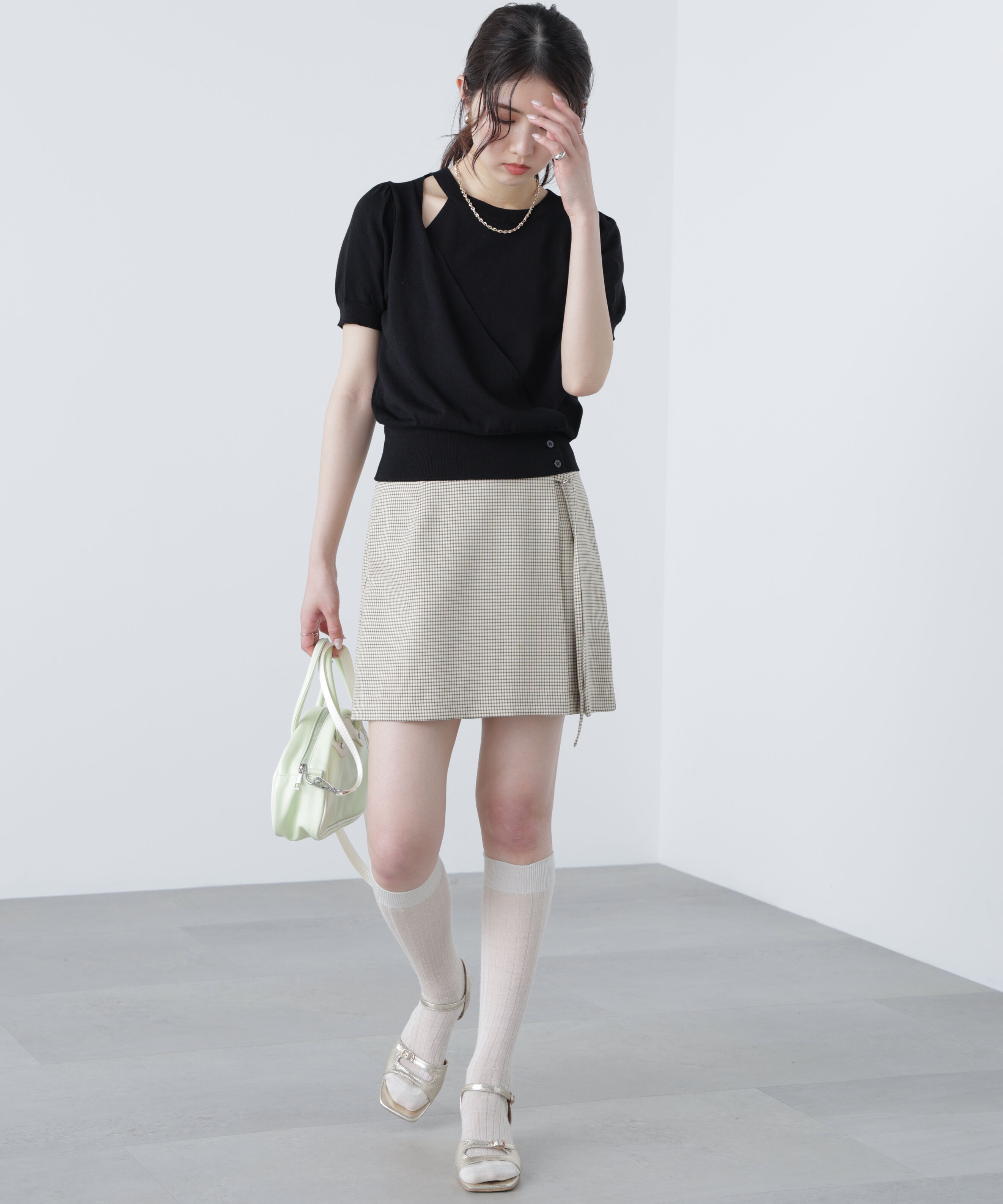  「キャミレイヤードカシュクール半袖ニット」|ニット・セーター|