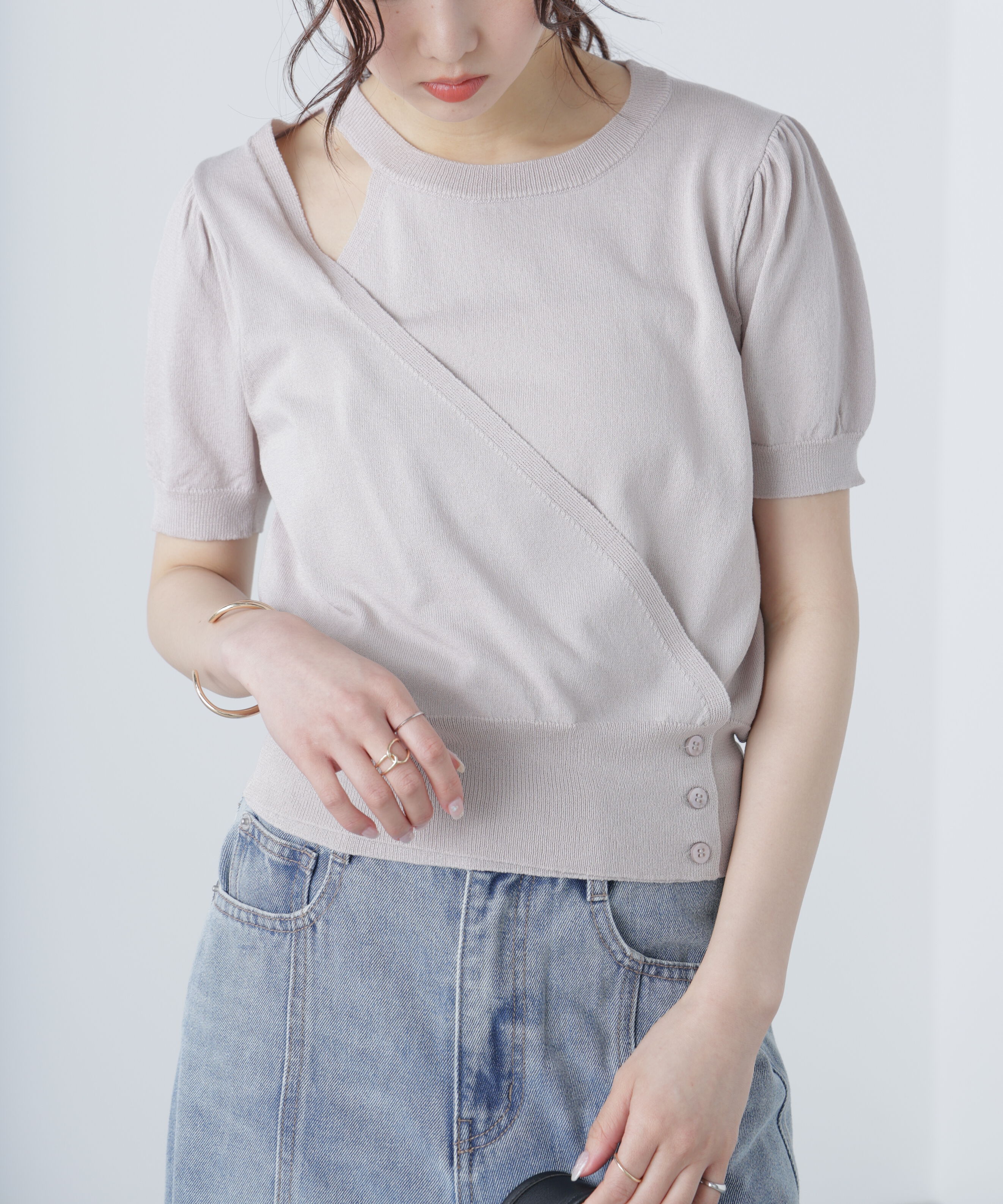  「キャミレイヤードカシュクール半袖ニット」|ニット・セーター|