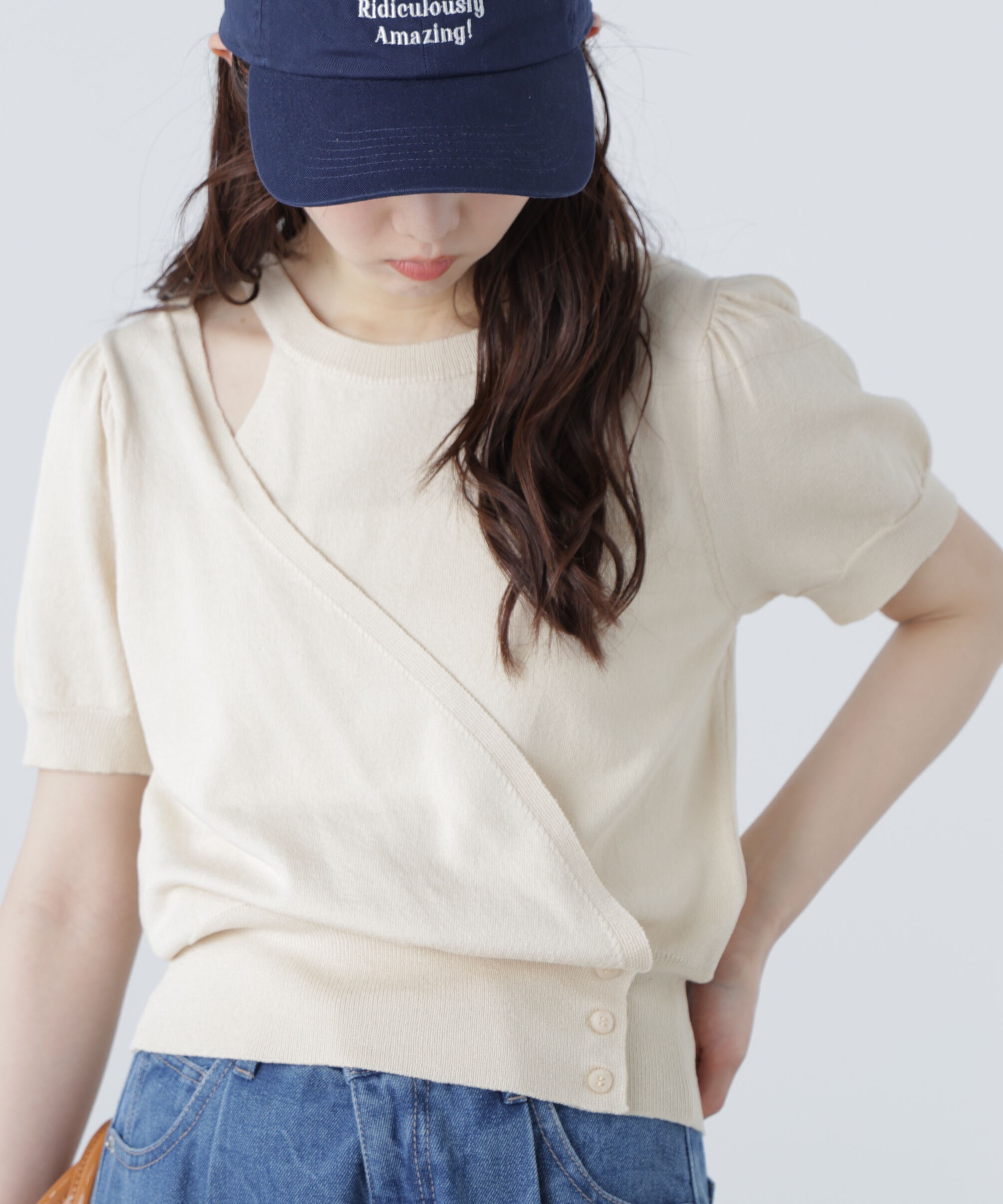  「キャミレイヤードカシュクール半袖ニット」|ニット・セーター|エクリュ