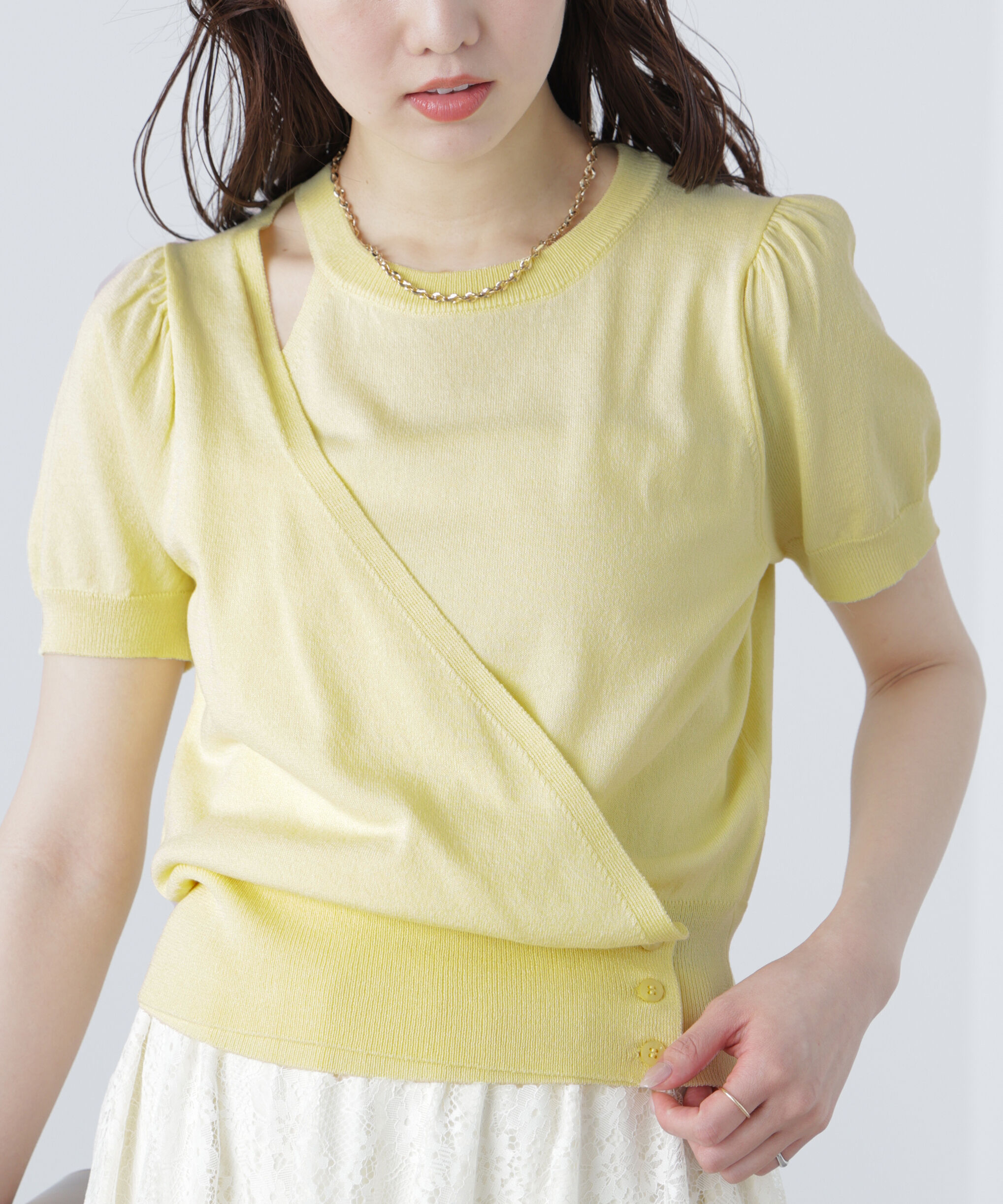  「キャミレイヤードカシュクール半袖ニット」|ニット・セーター|イエロー
