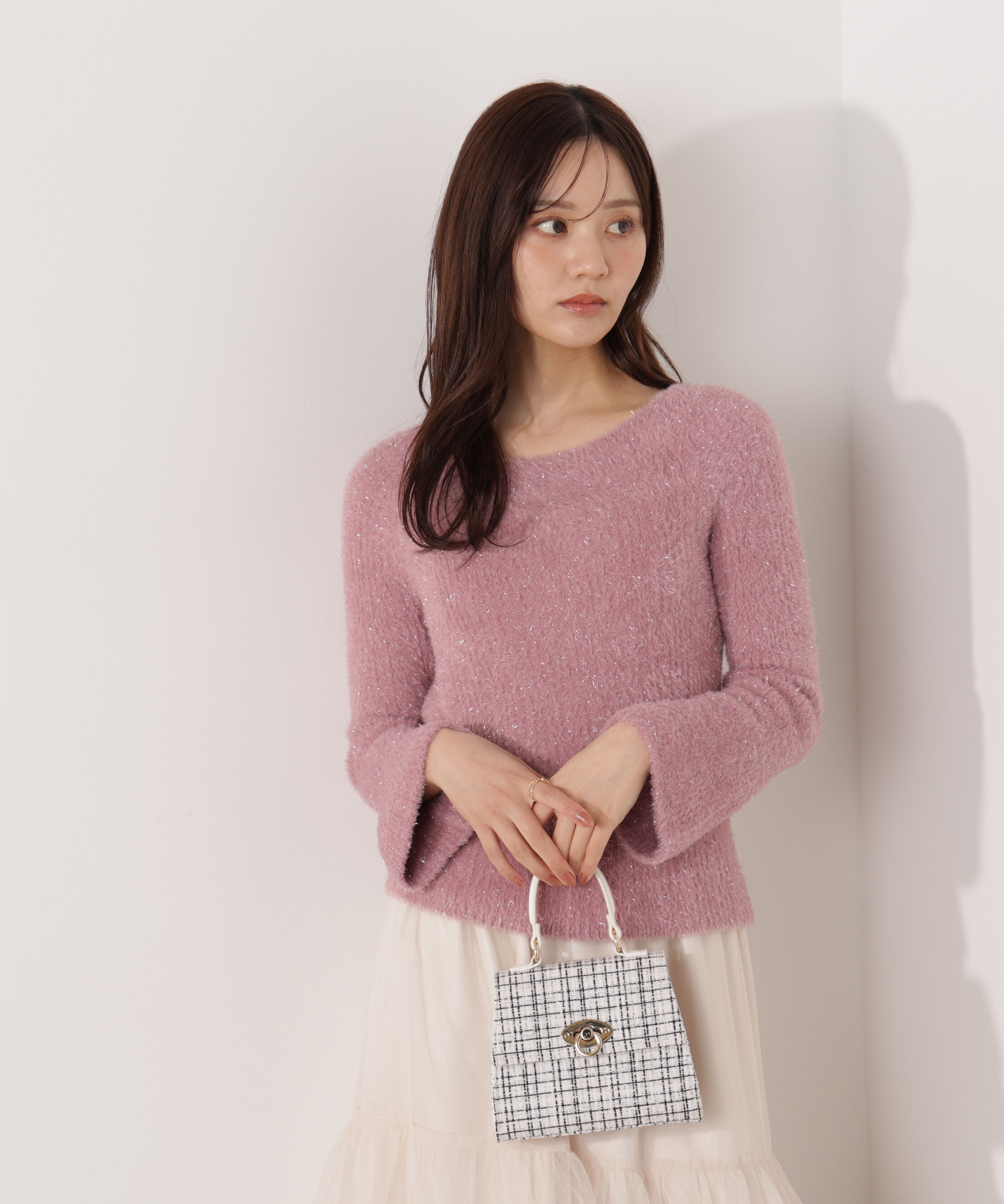 PROPORTION BODY DRESSING「ラメフェザーボートネックニット 26SS」|ニット・セーター|ピンク