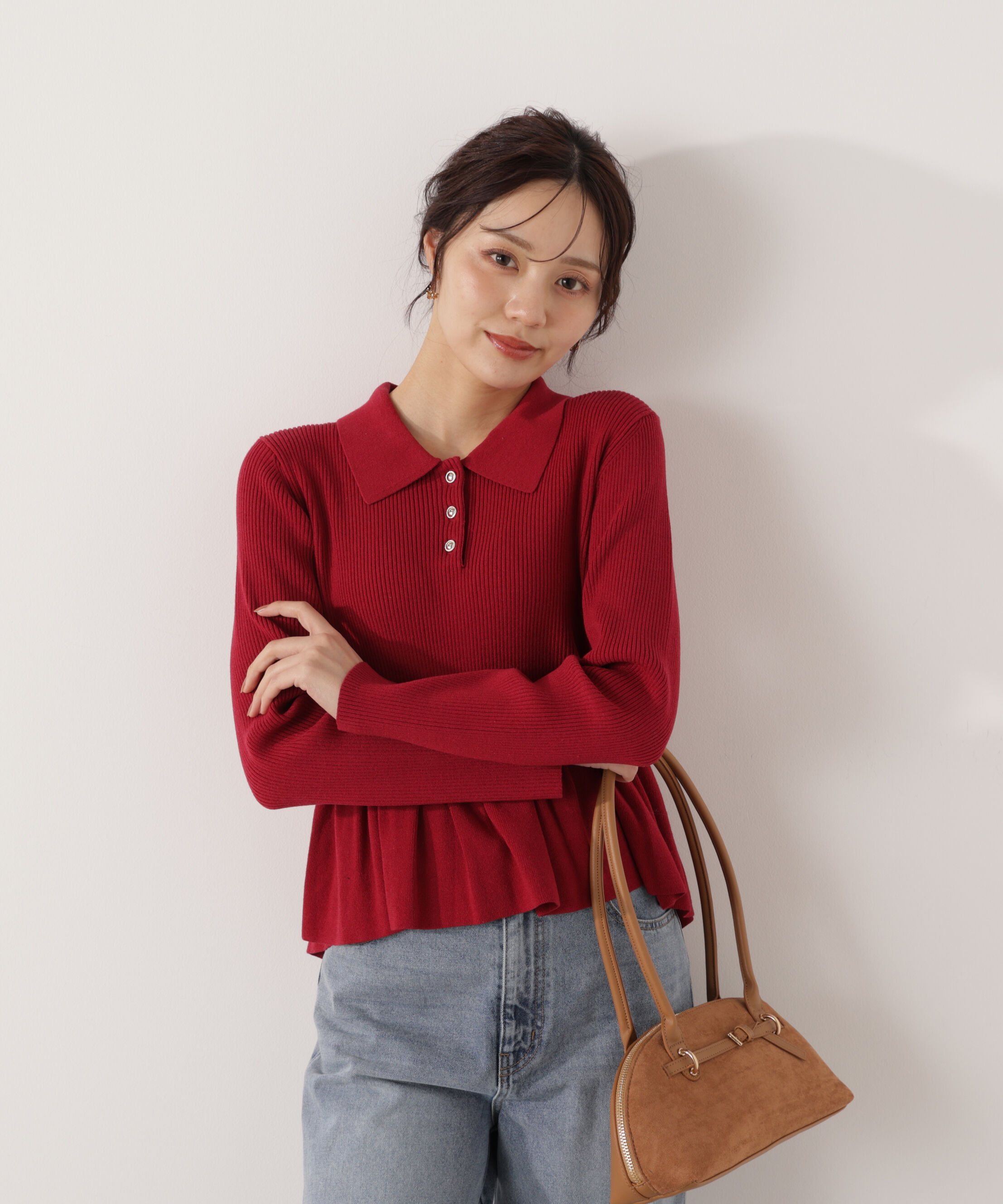 PROPORTION BODY DRESSING「＜ハンドウォッシャブル＞ペプラムポロニット 26SS」|ニット・セーター|レッド