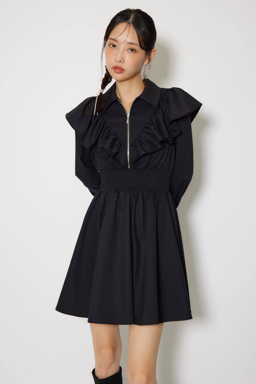 rienda「フロントZIPフリルミニシャツワンピース」|ワンピース|BLK