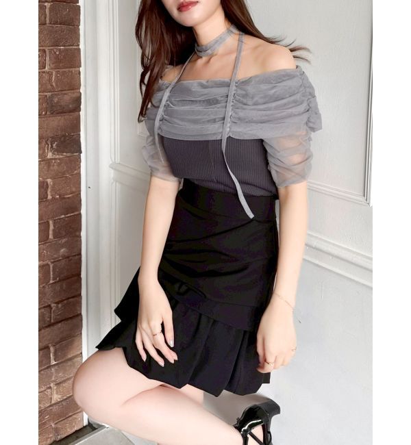 dazzlin「シアーオフショルダートップス」|Tシャツ・カットソー|チャコールグレー