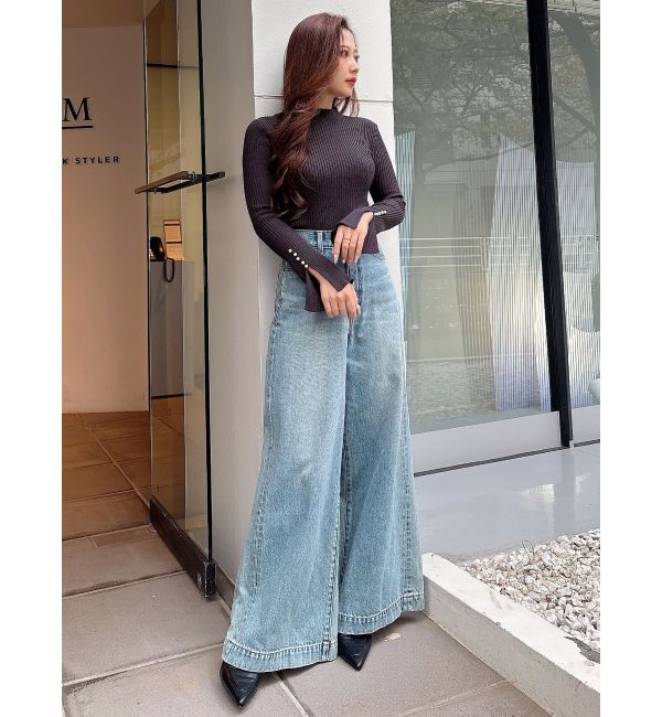 MERCURYDUO「パール付きフレアスリーブリブニット」|ニット・セーター|