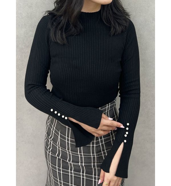 MERCURYDUO「パール付きフレアスリーブリブニット」|ニット・セーター|ブラック
