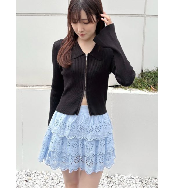 MERCURYDUO「ダブルZIP襟付きリブニット」|カーディガン|