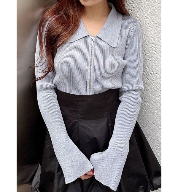 MERCURYDUO「ダブルZIP襟付きリブニット」|カーディガン|アイスブルー