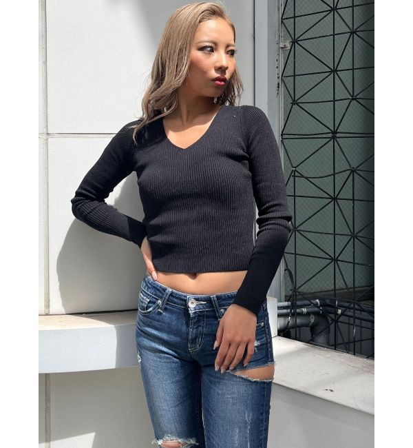 GYDA「Vネックリブニットトップス」|ニット・セーター|ブラック