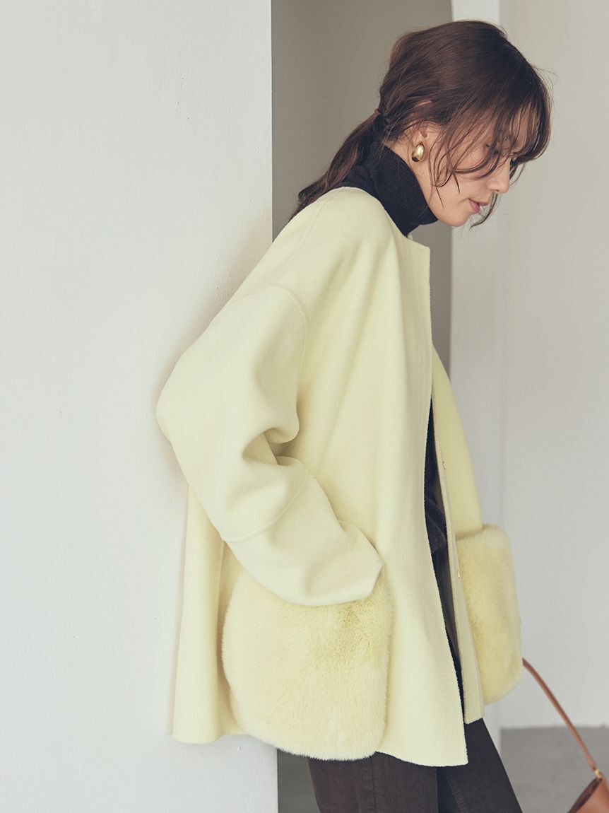 新品未使用【Mila Owen】2wayファーポケットリバーコート　アイボリー WEB限定カラー】2wayファーポケットリバーコート(ハーフコート