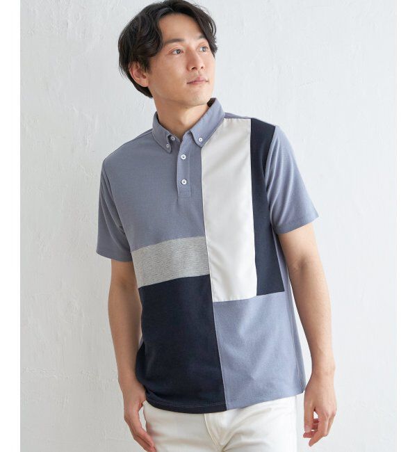 ikka「ブロックス鹿の子切り替えポロシャツ」|その他|ブルー