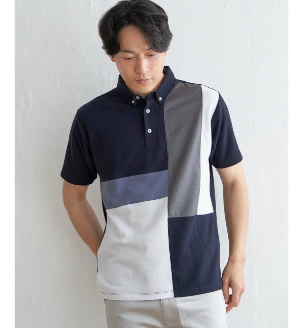 ikka「ブロックス鹿の子切り替えポロシャツ」|その他|ネイビー