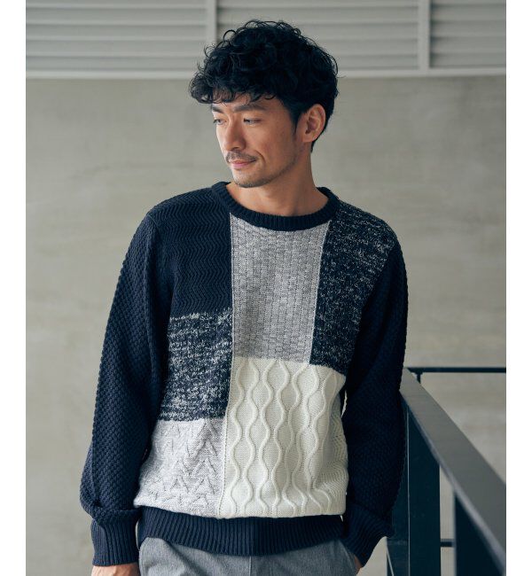 ikka「ブロックスメランジジャカードニット」|プルオーバー|ネイビーブルー