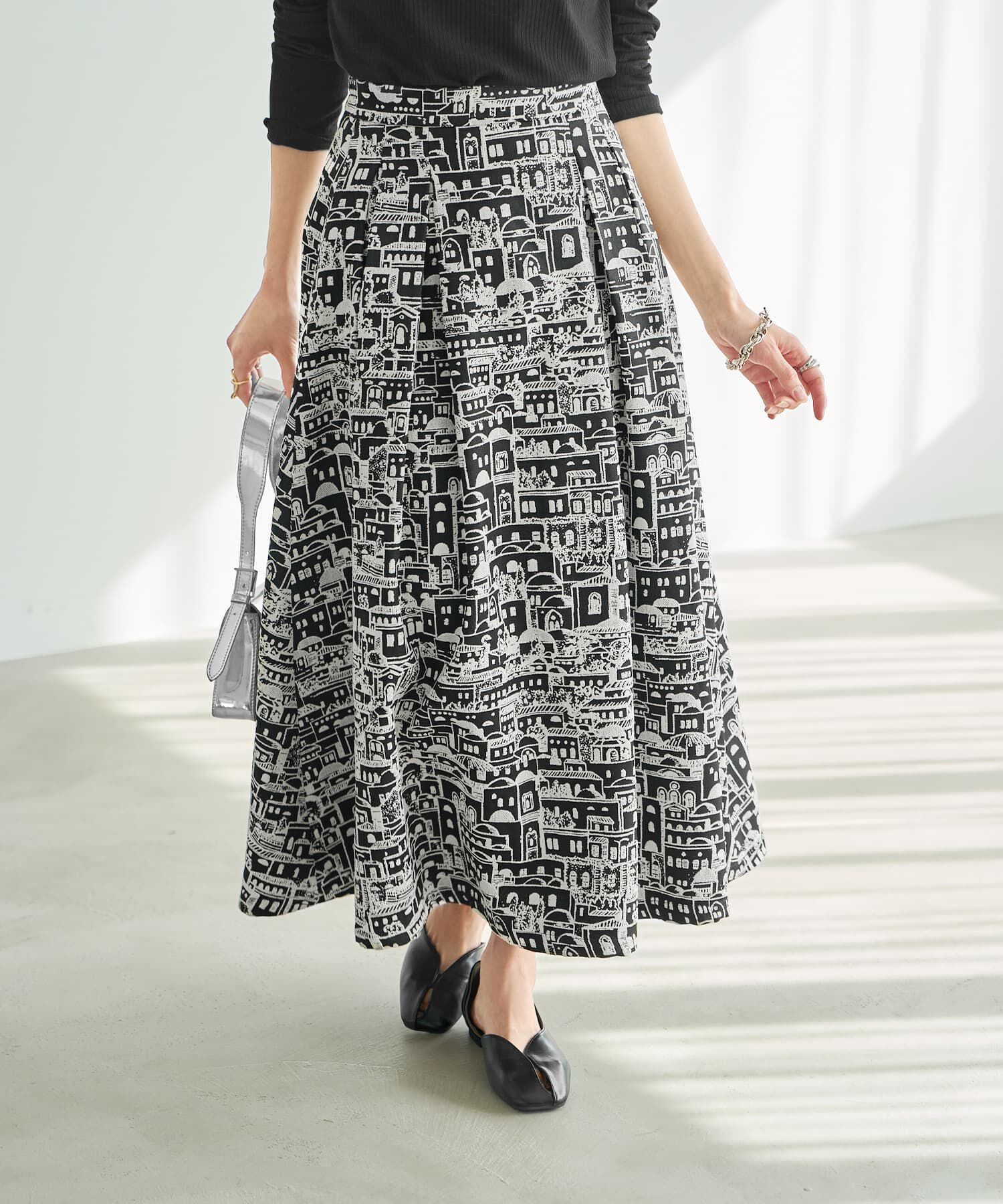 STYLE DELI「ジャガード2トーンシティ柄フレアスカート」|スカート|ブラック