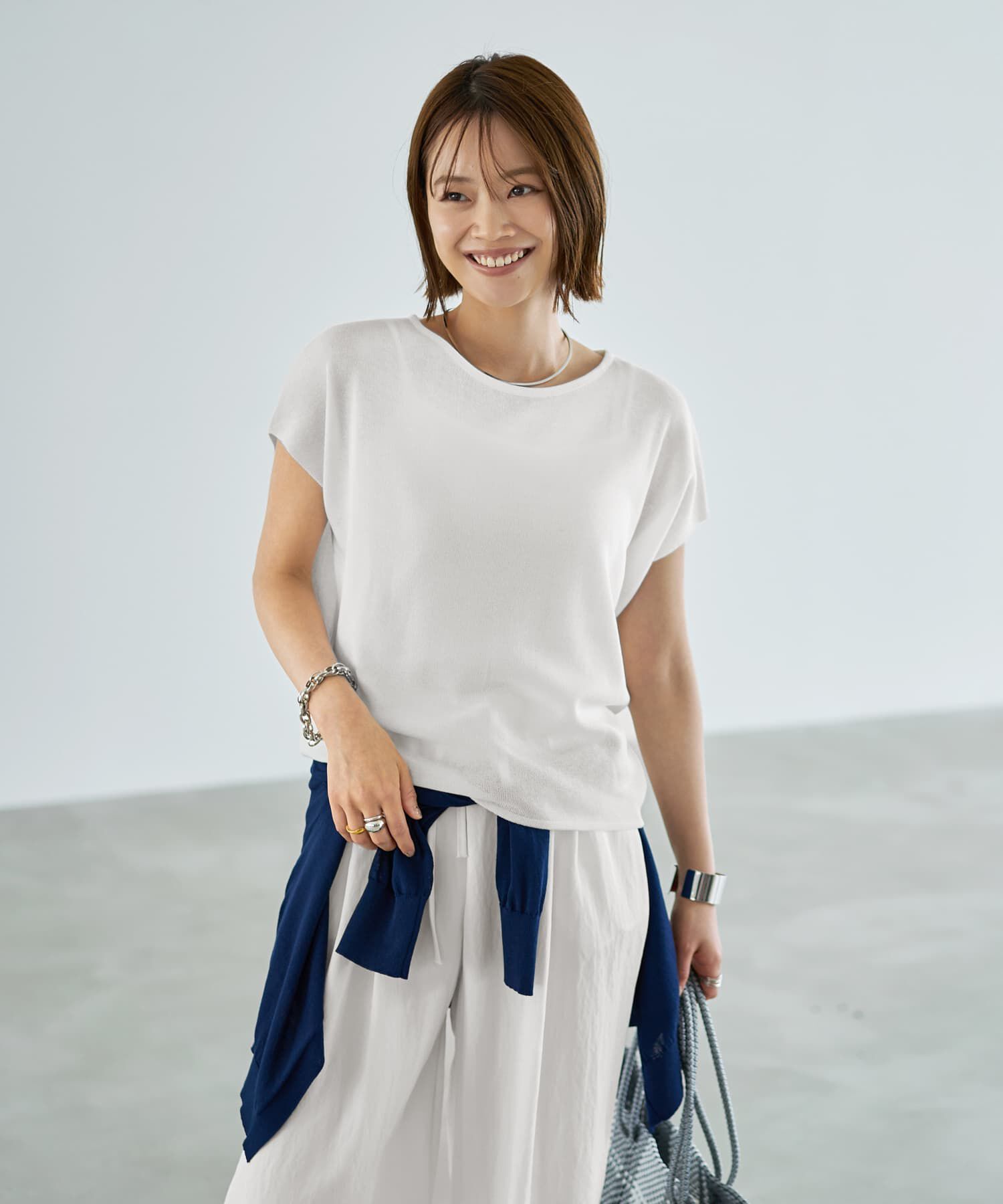 STYLE DELI「Tシャツみたいな微シアー麻調ニットトップス」|ニット・セーター|ホワイト