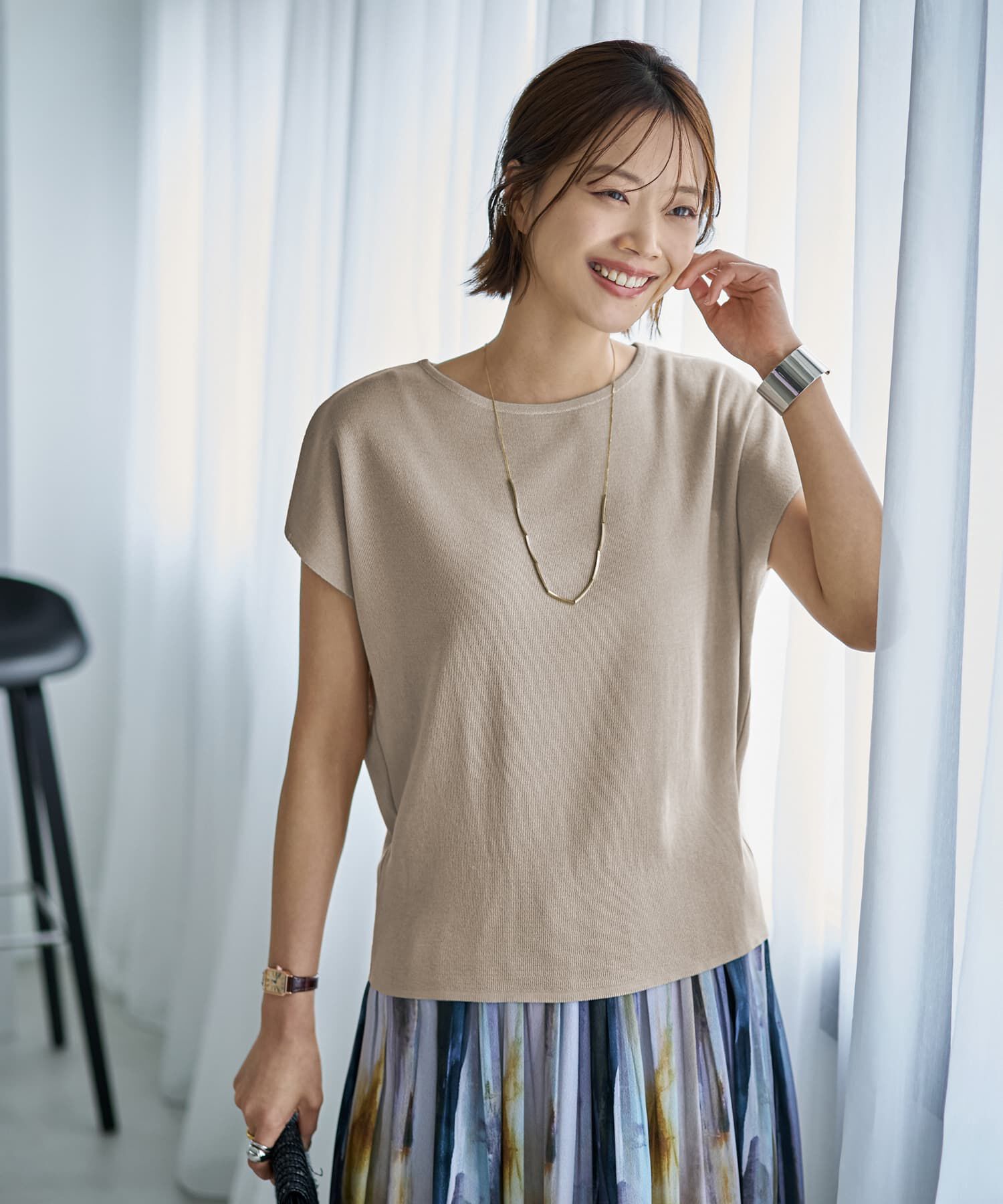 STYLE DELI「Tシャツみたいな微シアー麻調ニットトップス」|ニット・セーター|ベージュ