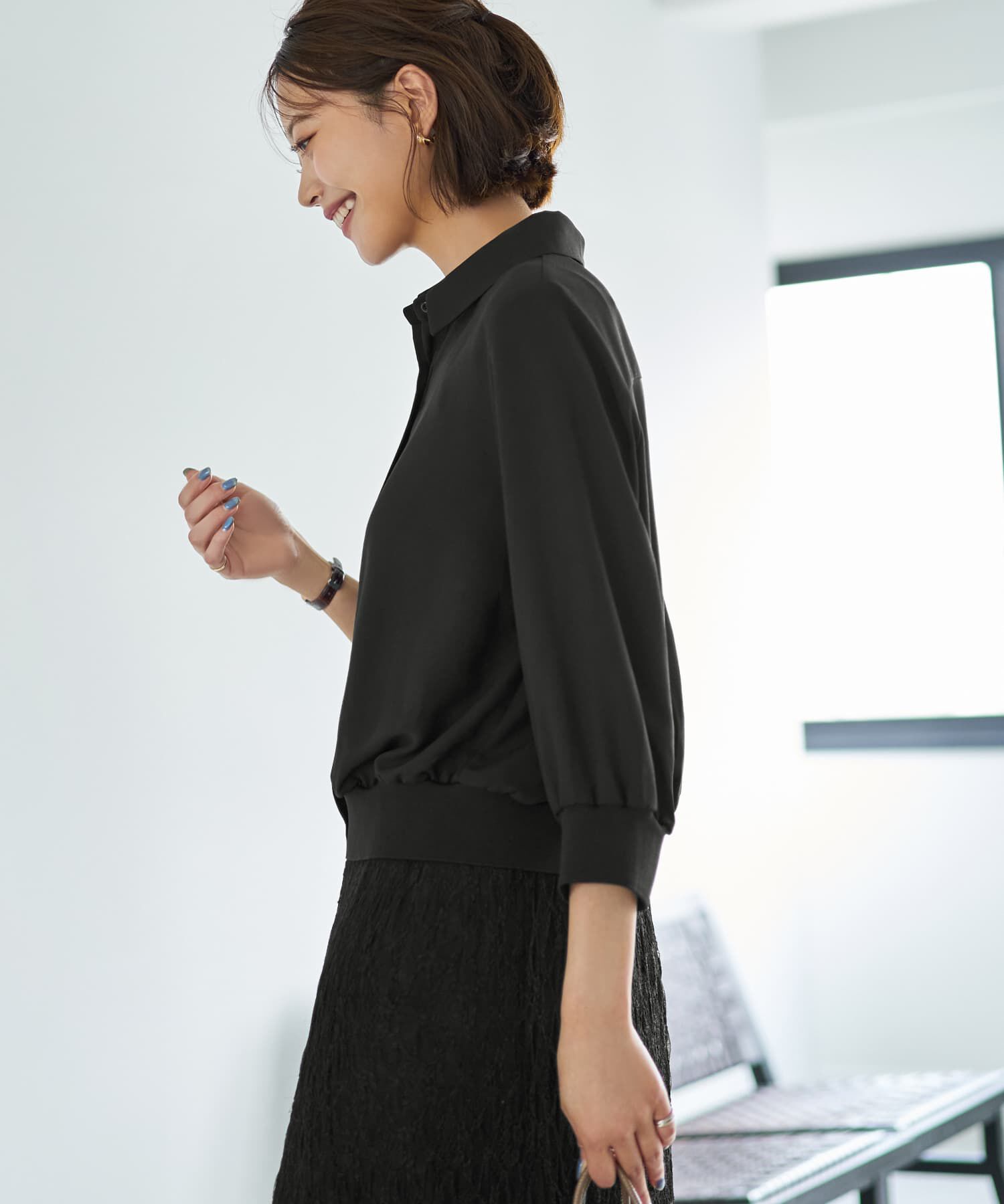 STYLE DELI「袖口裾リブ７分袖ジョーゼットシャツ」|シャツ・ブラウス|