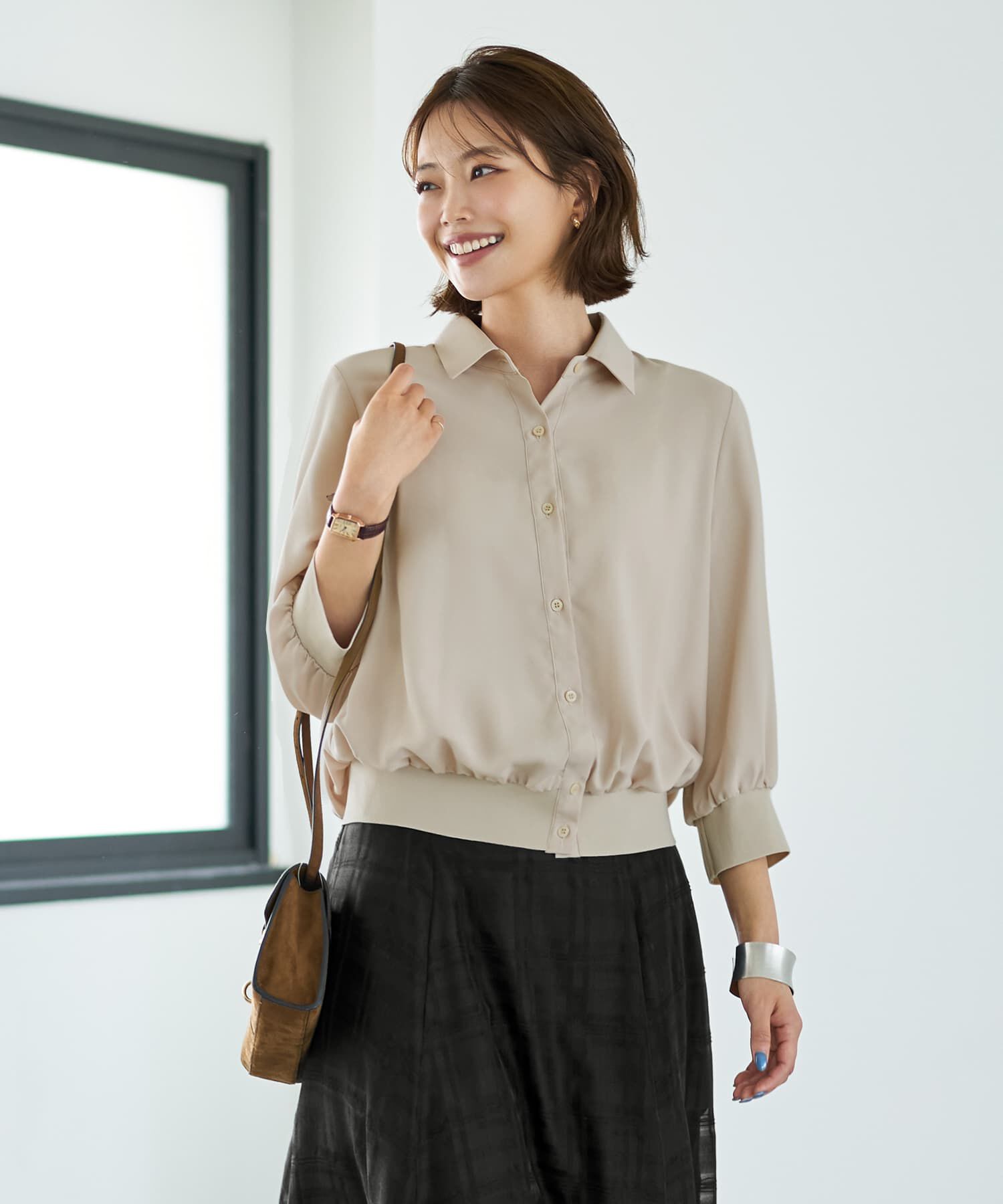 STYLE DELI「袖口裾リブ７分袖ジョーゼットシャツ」|シャツ・ブラウス|ライトベージュ