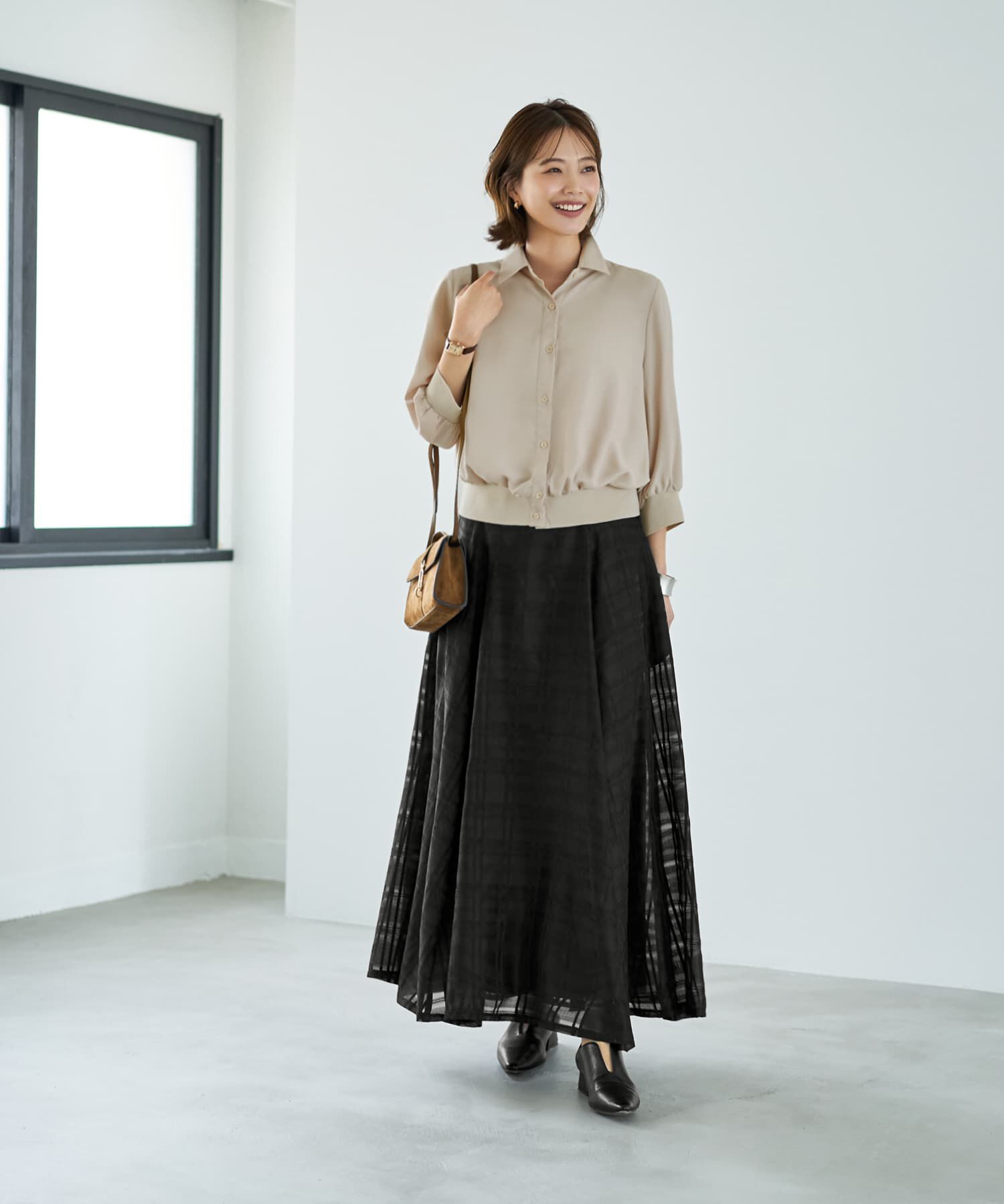 STYLE DELI「袖口裾リブ７分袖ジョーゼットシャツ」|シャツ・ブラウス|