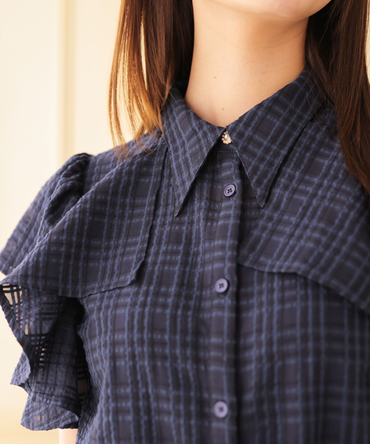 アンドクチュール「シアーチェックフリルリボンブラウス」|シャツ・ブラウス|