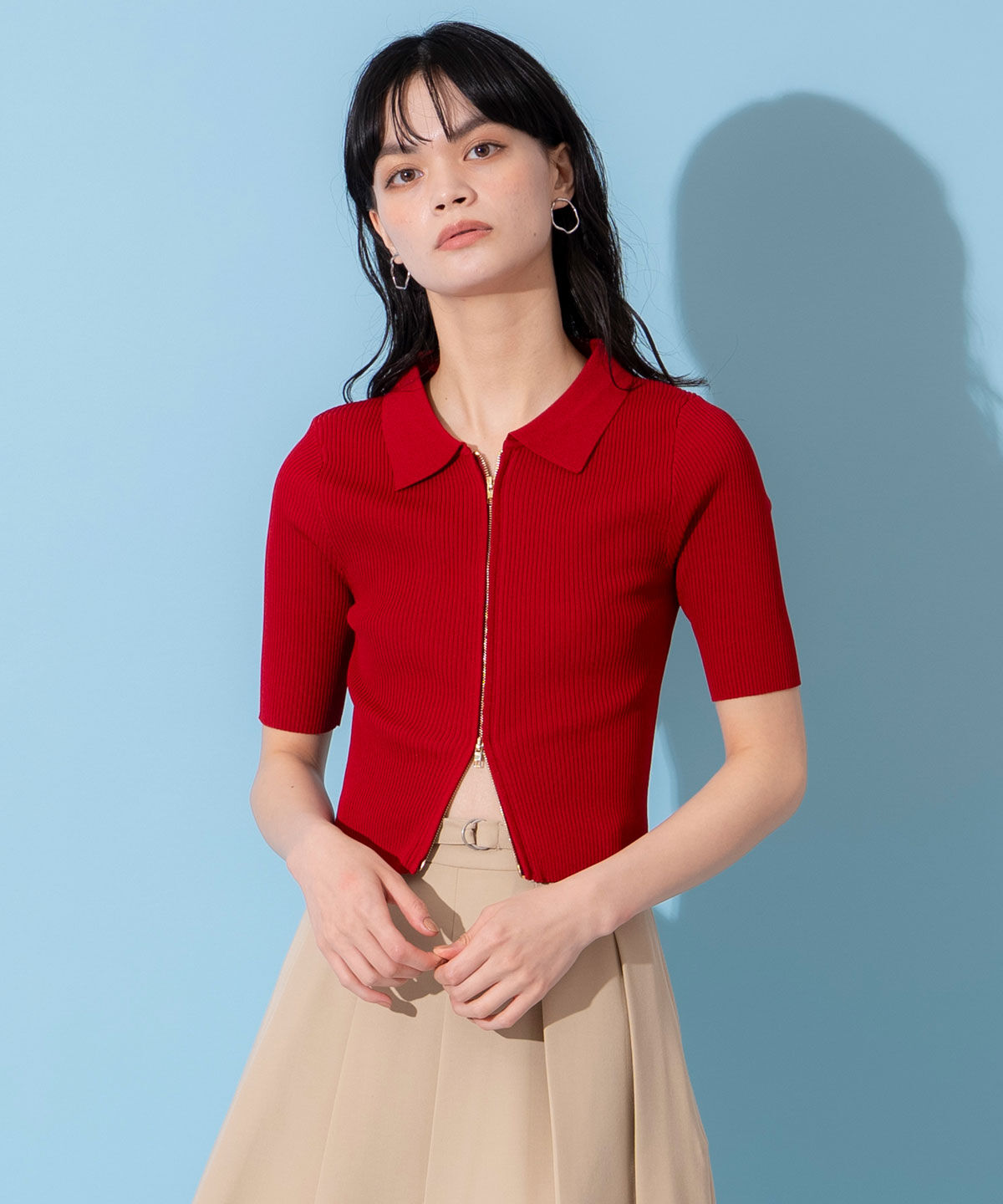 REDYAZEL「ZIPリブニットトップス」|ニット・セーター|レッド
