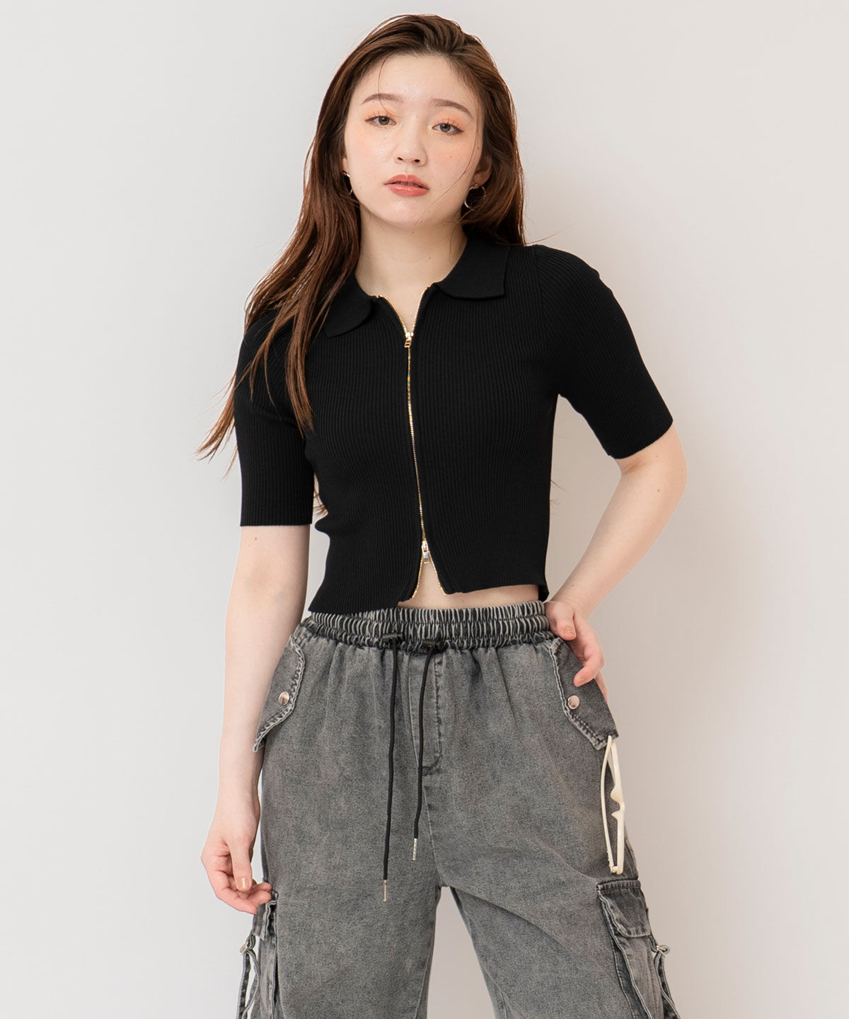 REDYAZEL「ZIPリブニットトップス」|ニット・セーター|ブラック