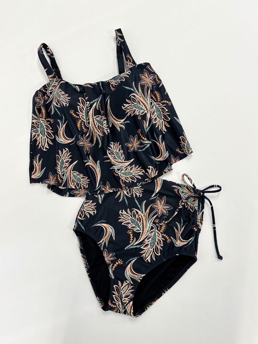 Riberce「【大人水着】オリエンタルフラワー柄ロングフレアバンドゥビキニ」|ビキニ|ネイビー