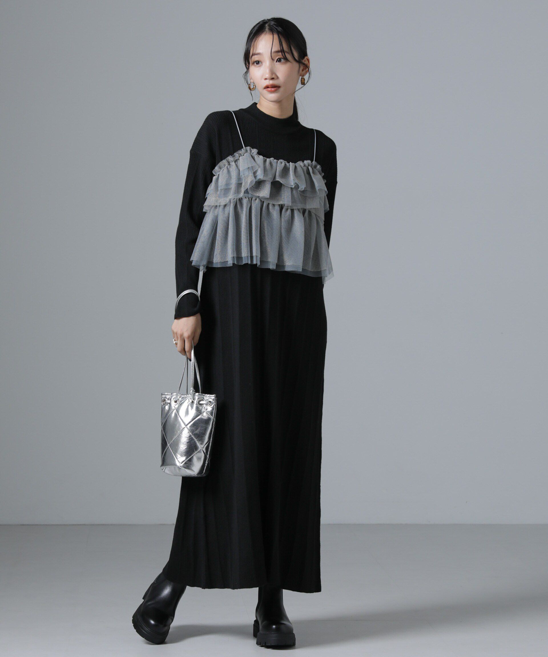 nano･universe「チュールビスチェ＋リブニットワンピースセット」|ワンピース|ブラック