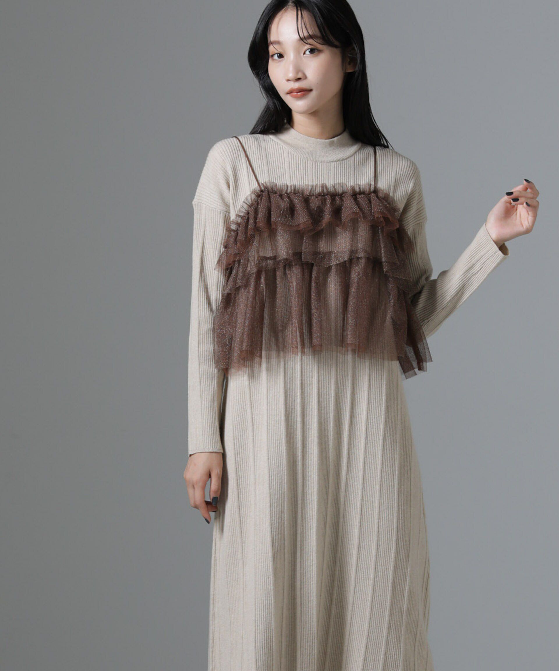 nano･universe「チュールビスチェ＋リブニットワンピースセット」|ワンピース|ベージュ