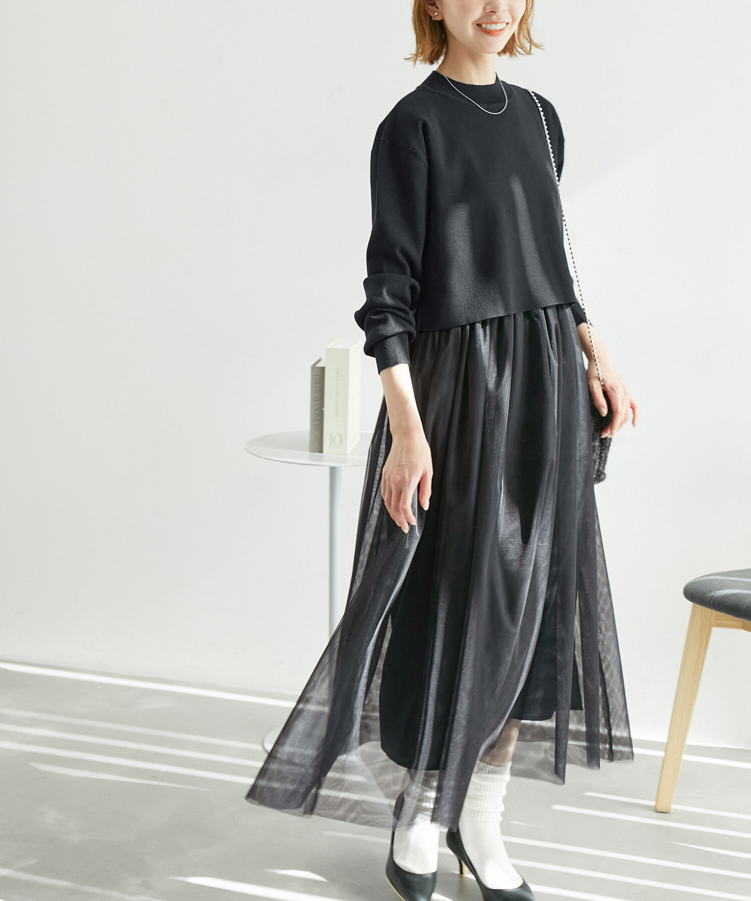 Rope&rsquo;Picnic「【WEB限定】ドッキングチュールワンピース」|ワンピース|ブラック(01)