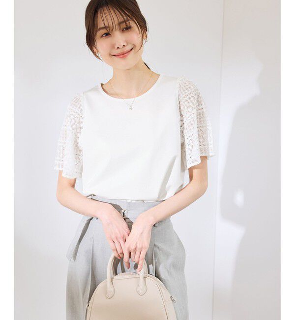 Rope&rsquo;Picnic「【UVカット・接触冷感】Cutee レースドッキングフレアスリーブトップス/リンクコーデ」|Tシャツ・カットソー|