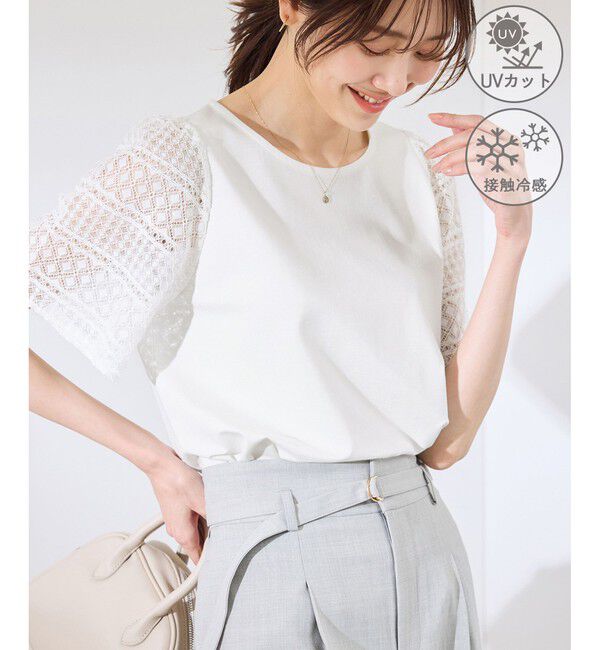 Rope&rsquo;Picnic「【UVカット・接触冷感】Cutee レースドッキングフレアスリーブトップス/リンクコーデ」|Tシャツ・カットソー|ホワイト(10)